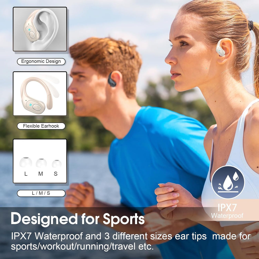 Wireless Earbuds 75hrs Bluetooth 5.4 Headphone Sport, 2025 Bluetooth Earbuds Stereo Deep Bass Over Ear Bud with Earhooks, ENC Noise Cancelling Mic, IPX7 Waterproof Earphone, Camel