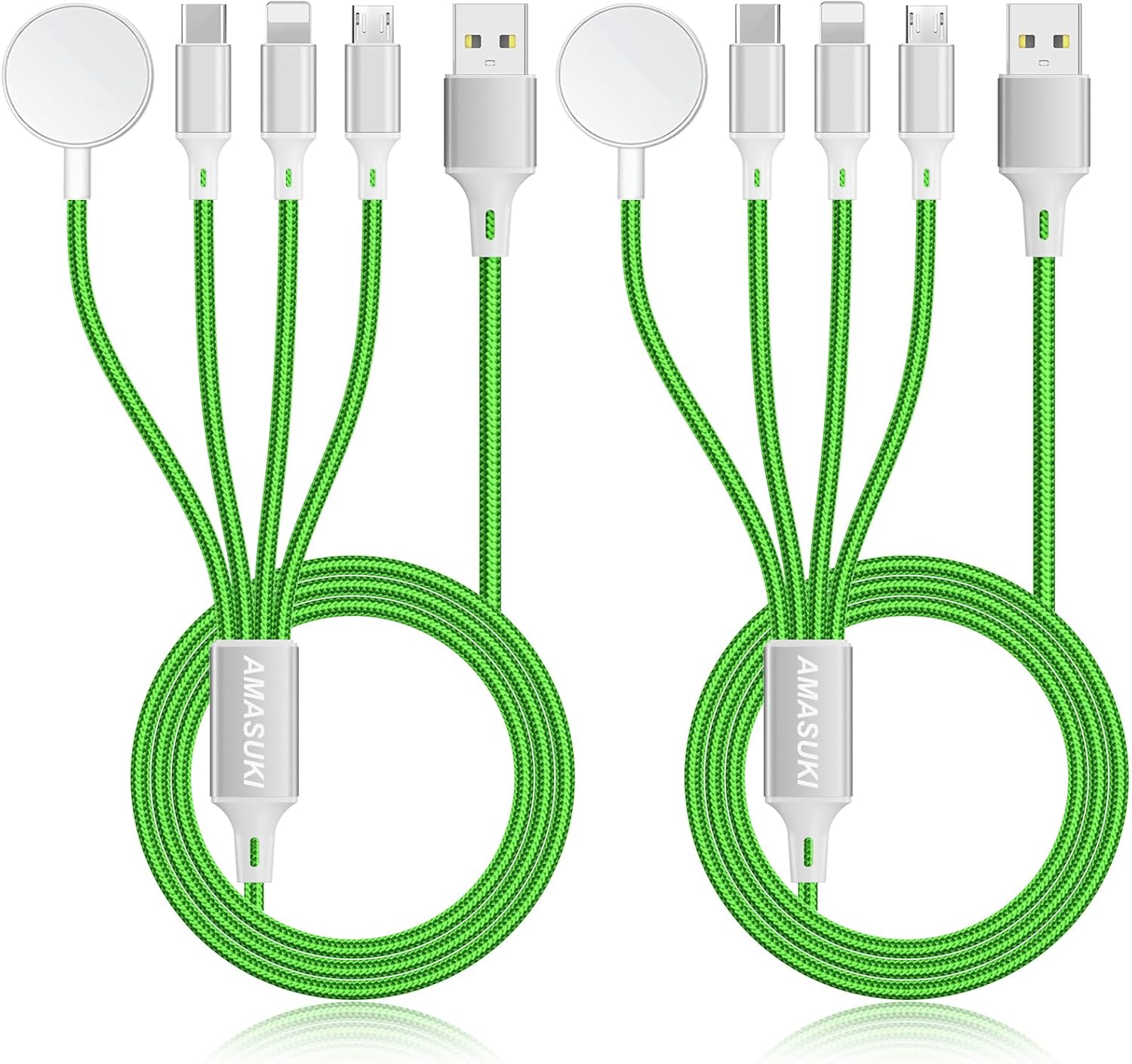 2Pack Travel Essentials Multi Charging Cable for Watch Charger 4 in 1 Fast Charger Camping Essentials USB C/L/Micro Compatible with Watch Series 10-1/SE/Ultra Phone 16 15/Galaxy Android-4FT/Green