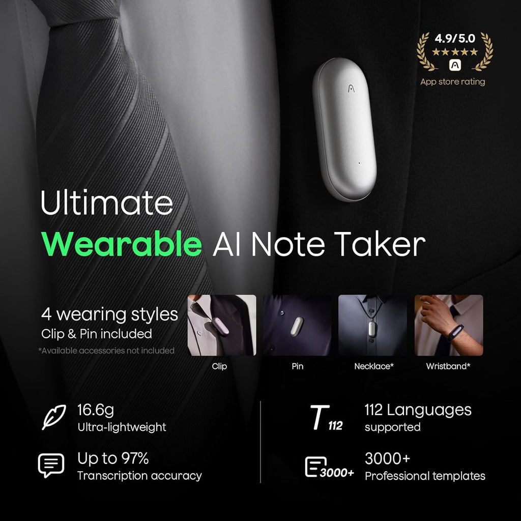 Plaud NotePin AI Voice Recorder, Voice Recorder with Adjustable Wearable Strap, Transcribe & Summarize with AI Technology, 64GB Memory