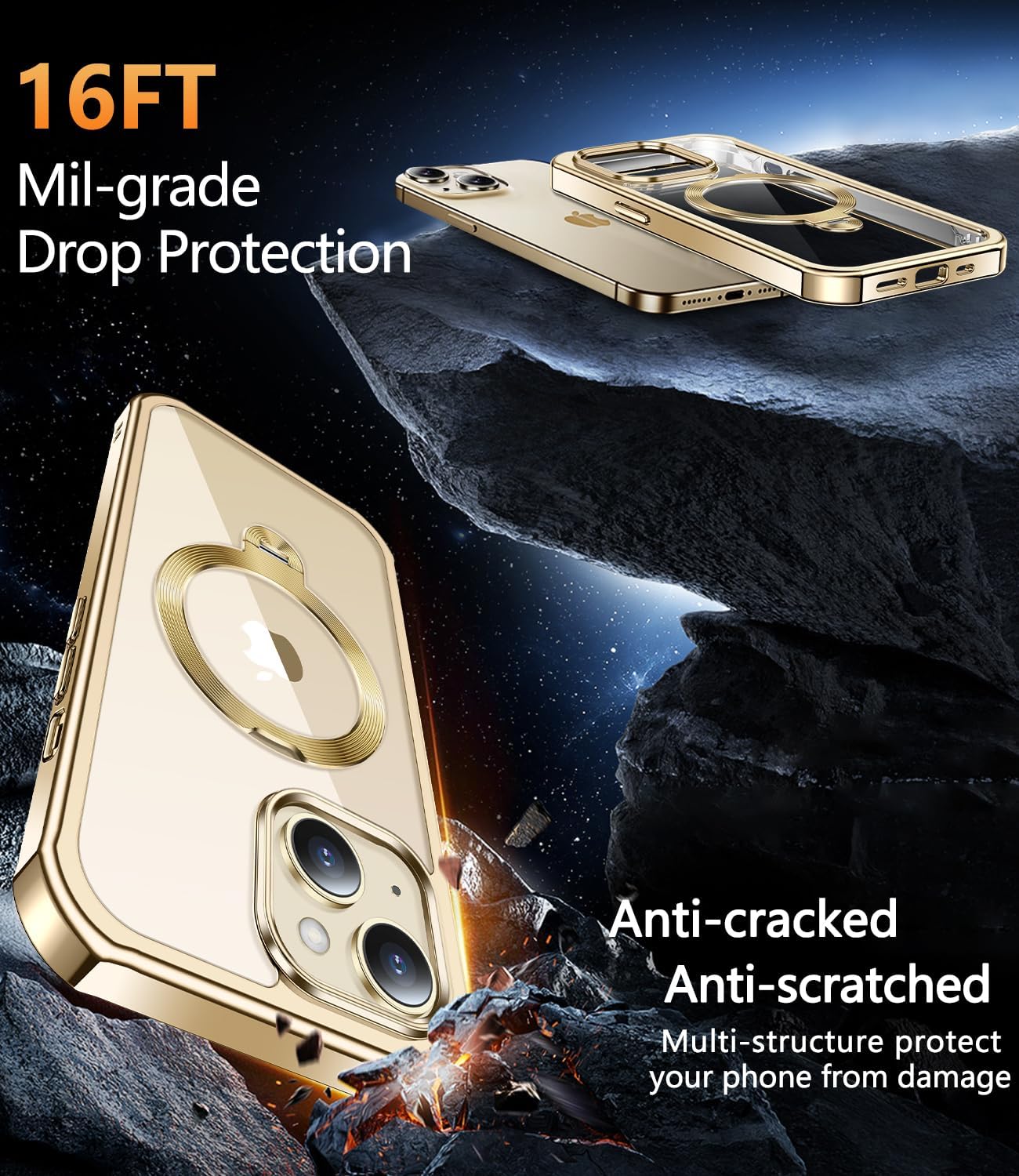 [360° Rotatable CD Stand & Built-in Privacy Screen Magnetic Case for iPhone 13 [Compatible with MagSafe & Full Signal] Mil-Grade Shockproof Full Body Anti-Spy Cover for 13-Gold