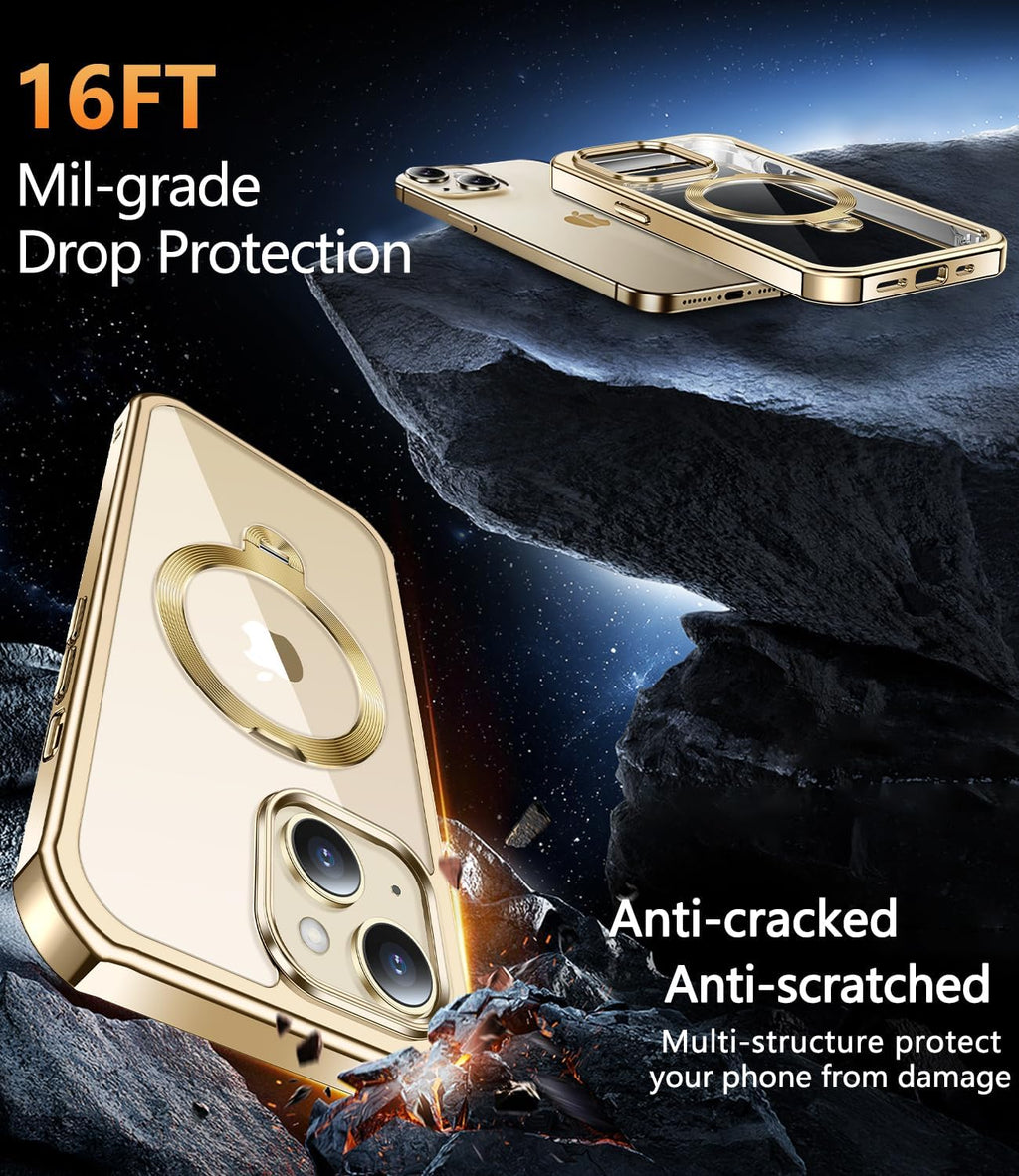 [360° Rotatable CD Stand & Built-in Privacy Screen Magnetic Case for iPhone 14 [Compatible with MagSafe & Full Signal] Mil-Grade Shockproof Full Body Anti-Spy Cover for 14-Gold