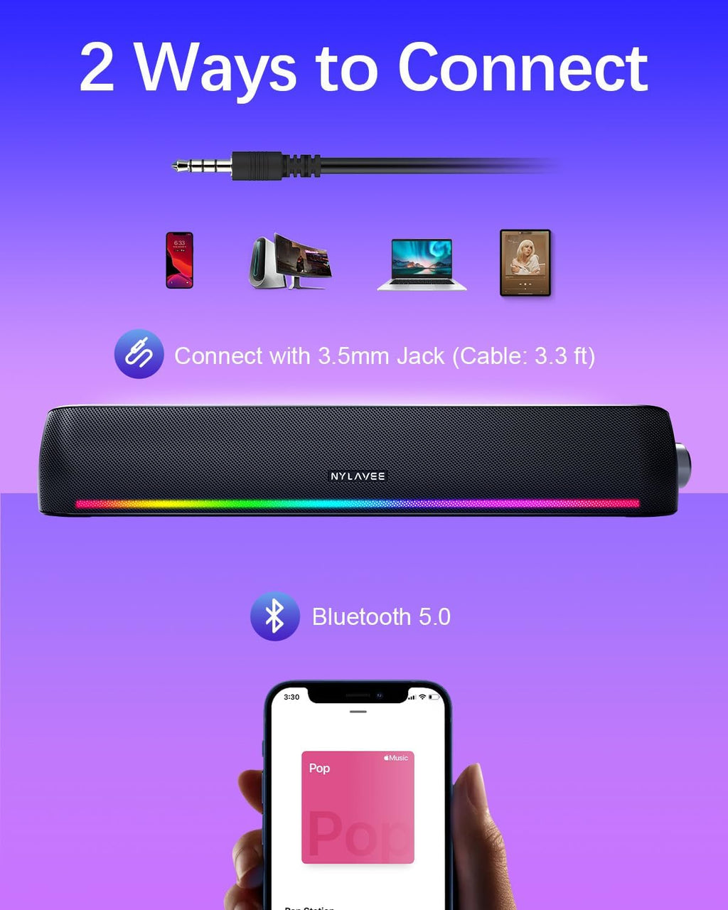 Computer Speakers, Hi-Fi Sound Quality Computer Sound Bar, Bluetooth 5.0 & 3.5mm Wired PC Speakers with 4 Dynamic Lighting Modes, USB Powered Speakers for PC, Desktop, Laptops, Phones, Monitors, Xbox