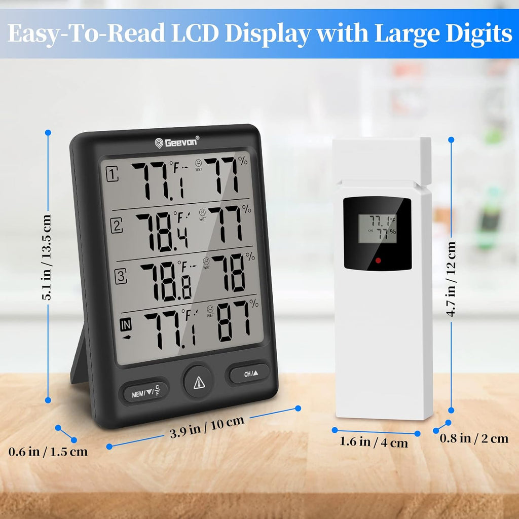 Geevon Indoor Outdoor Thermometer Wireless with 3 Remote Sensors, Digital Hygrometer Thermometer, Wireless Temperature Humidity Monitor Gauge with 200FT/60M Range (Black)