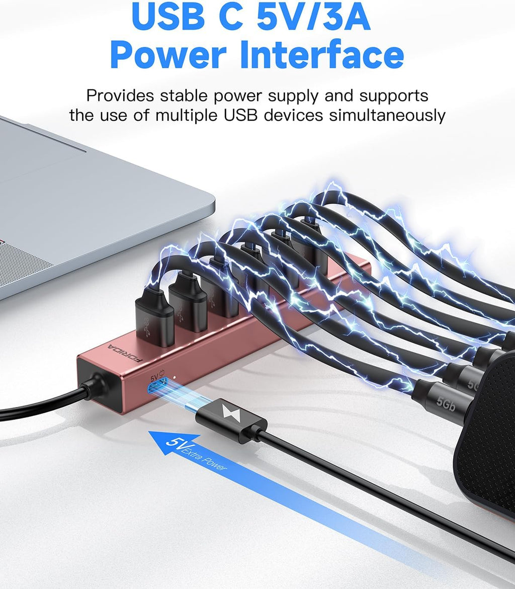 Aluminum USB 3.0 Adapter USB to Ethernet HUB with 120CM Long Cable for Laptop USB Extender with Gigabit Ethernet Port and 5V/3A Power Port 7 Ports USB Hub for iMac PC Flash Drives (Rose Gold)