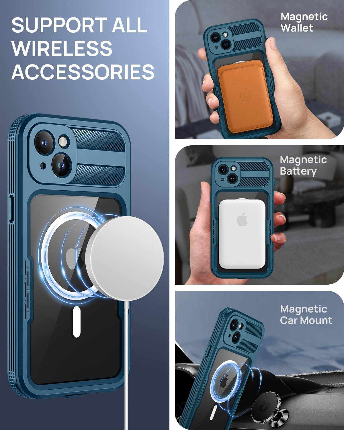 Lanhiem Magnetic for iPhone 15 Plus Case, IP68 Waterproof Dustproof Case, [Compatible with Magsafe] [Built-in Screen Protector] Full Body Heavy Duty Rugged Phone Cover 6.7 inch, Blue/Clear
