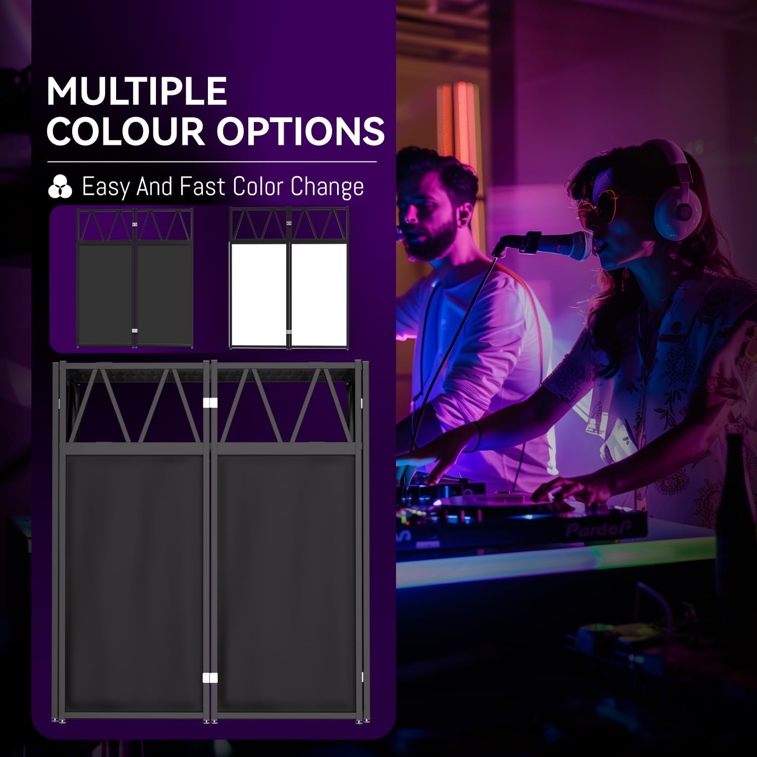 Portable DJ Booth Table,Foldable DJ Table Stand Portable with White & Black Scrim,Adjustable DJ Facade Table Station Metal Frame DJ Table with Cable Hole for Private Events, Clubs, Bars (Upgrade)