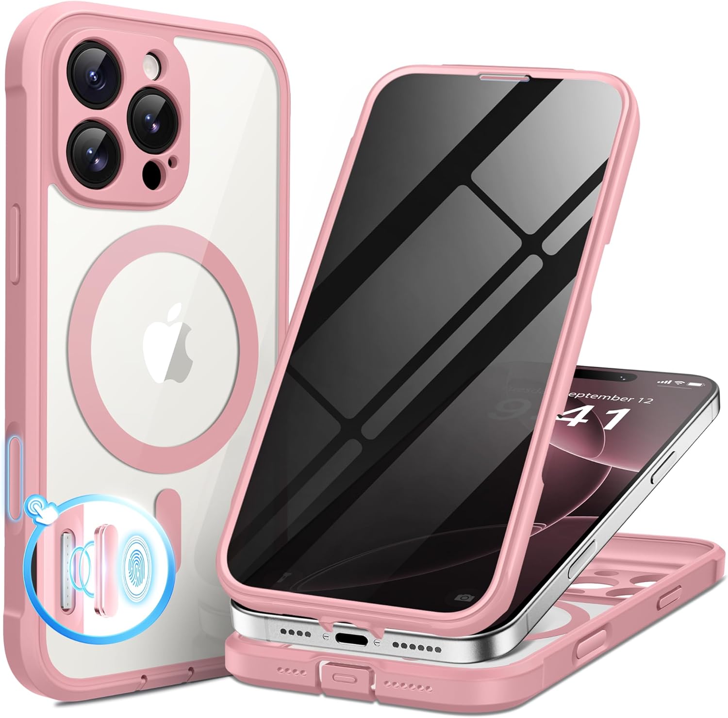 BERFY Magnetic for iPhone 16 Pro Case, Compatible with MagSafe, Built-in Privacy Screen Protector and Upgraded Camera Protection, Anti-Spy Full Body Shockproof Phone Case for 16 Pro 6.3", Pink