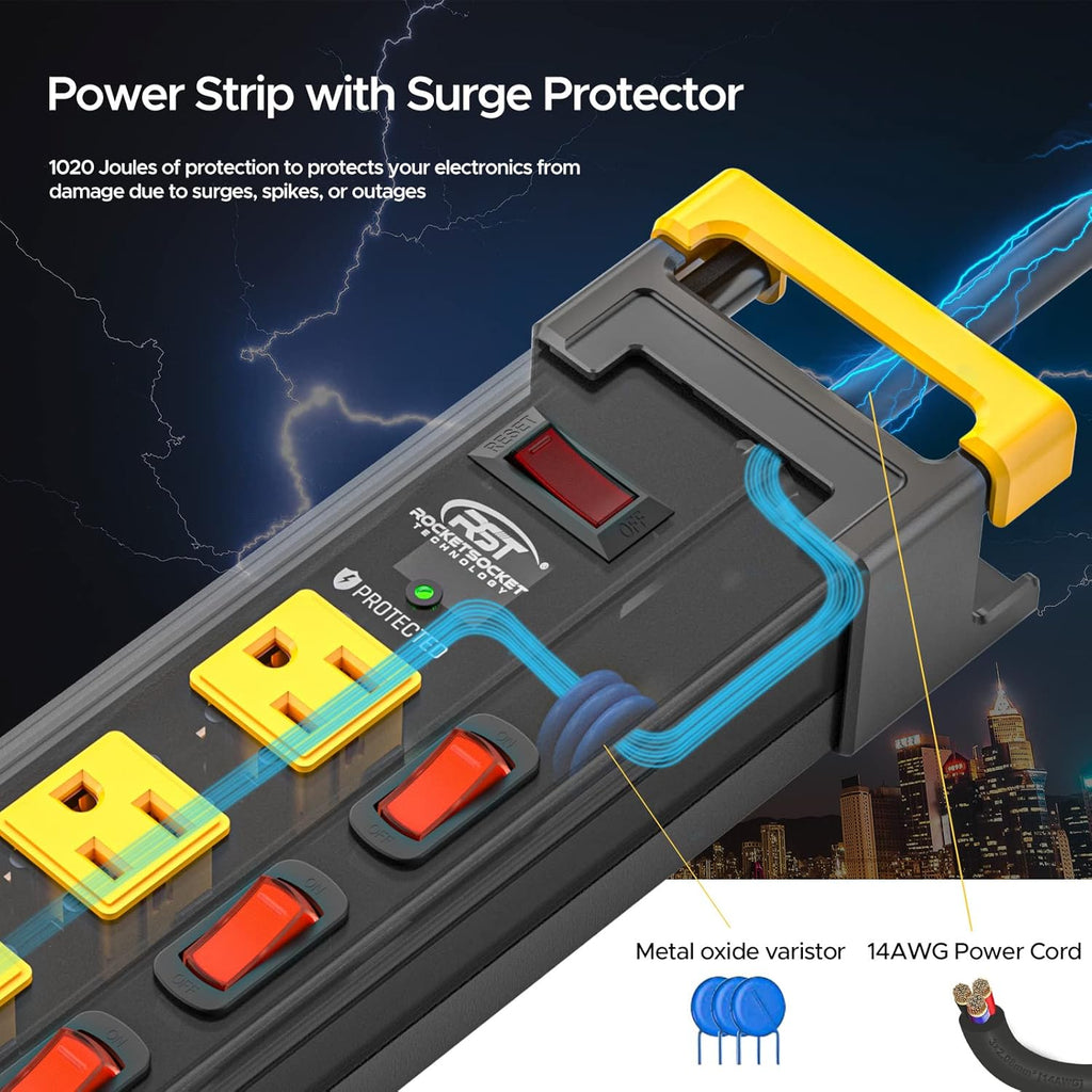 CRST 12 Outlets Long Power Strip, 9 FT Cord Metal Wall Mount Surge Protector Power Strip with Individual Switches and Cord Manager, 1020J, 15Amp/1875W for Garage,Workshop, Office, Home