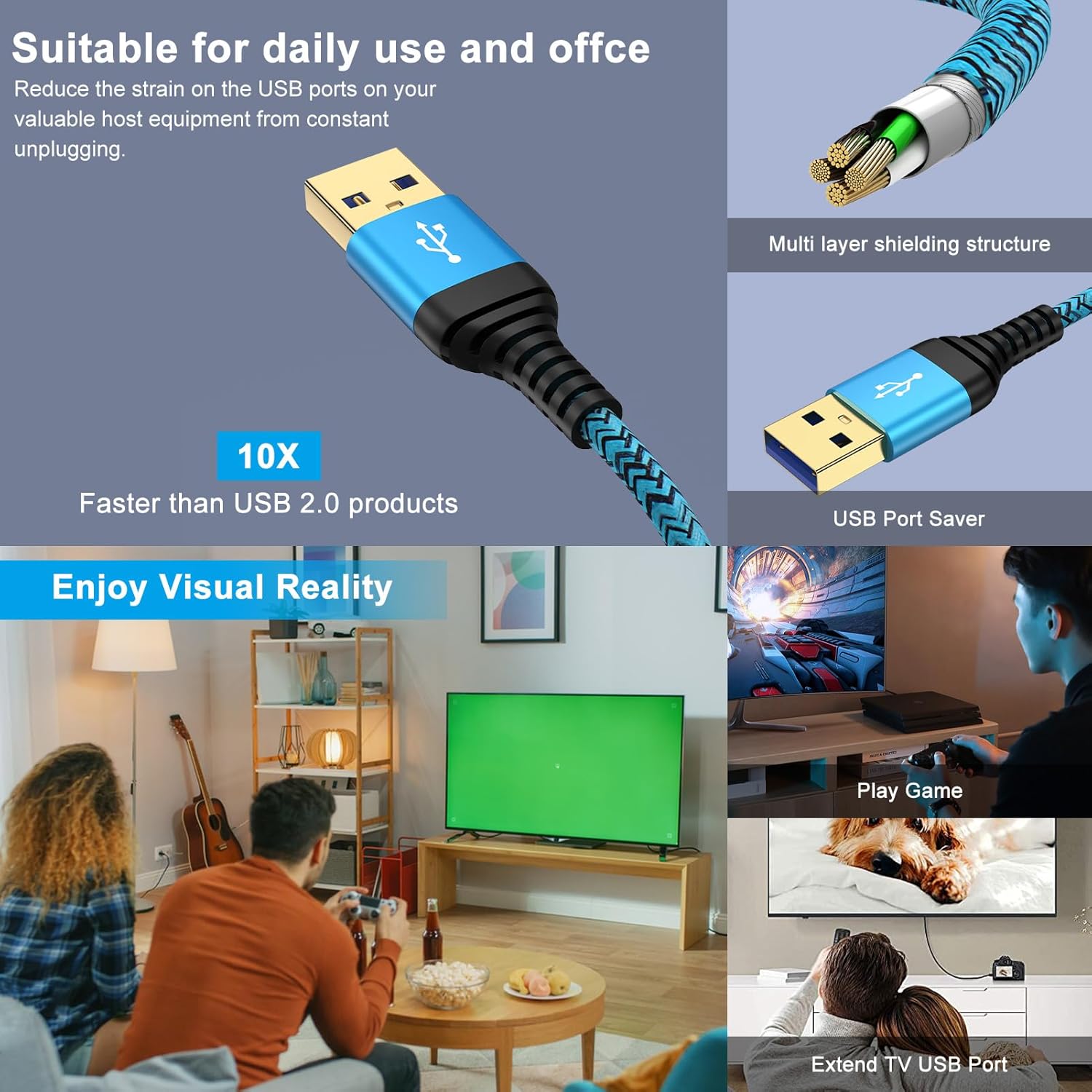 USB Extension Cable 10 FT, 2Pack USB3.0 Extension Cord Type A Male to Female USB Extender High Speed Data Transfer Extender Cord for Keyboard,Mouse,PlayStation,Webcam,Hard Drive,Printer,Flash Drive