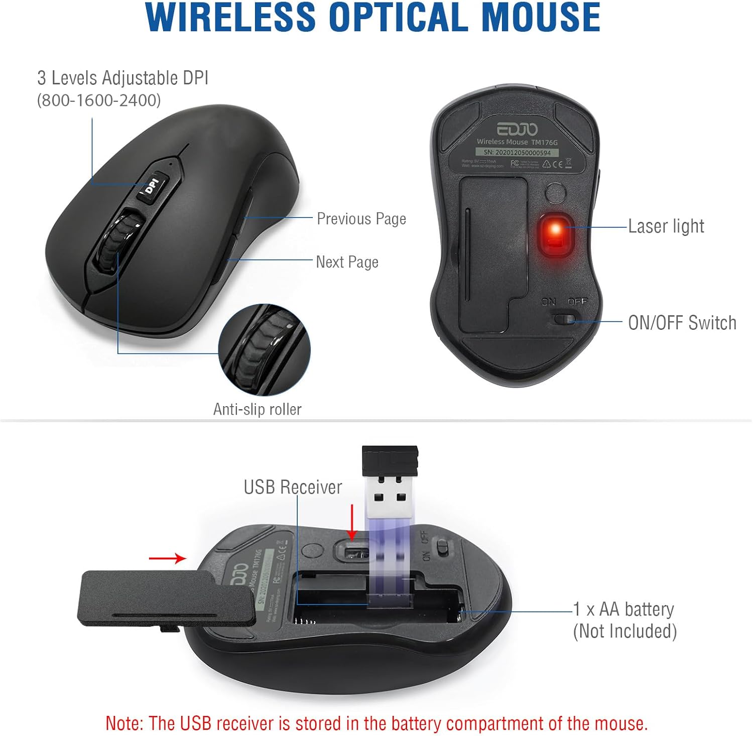 Wireless Keyboard and Mouse Combo, EDJO 2.4G Full-Sized Ergonomic Computer Keyboard with Wrist Rest and 3 Level DPI Adjustable Wireless Mouse for Windows, Mac OS Desktop/Laptop/PC