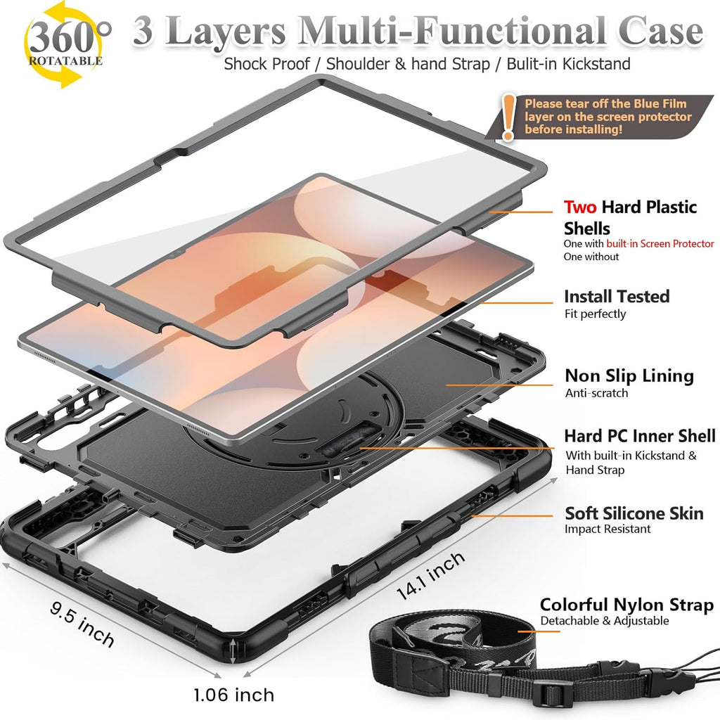 SEYMAC stock Case for Samsung Galaxy Tab S10 Ultra / S9 Ultra Tablet Case 14.6'' with Screen Protector, Pencil Holder, 360 Rotate Stand, Hand Strap, Shoulder Strap, Black1
