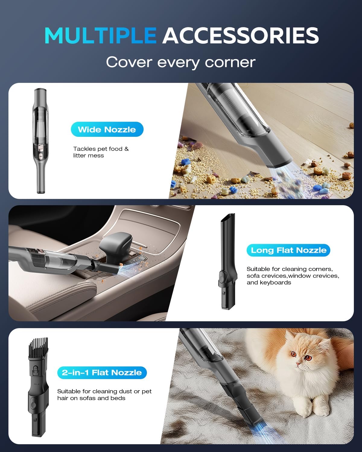 Zefiro Handheld Car Vacuum Cleaner, 22KPa Hand Held Vacuum Cordless Rechargeable with 2 HEPA Filters, 2 High Powerful Suction, 2 Nozzles, Portable Mini Dustbuster for Car, Home, Office, Pet Hair, S10
