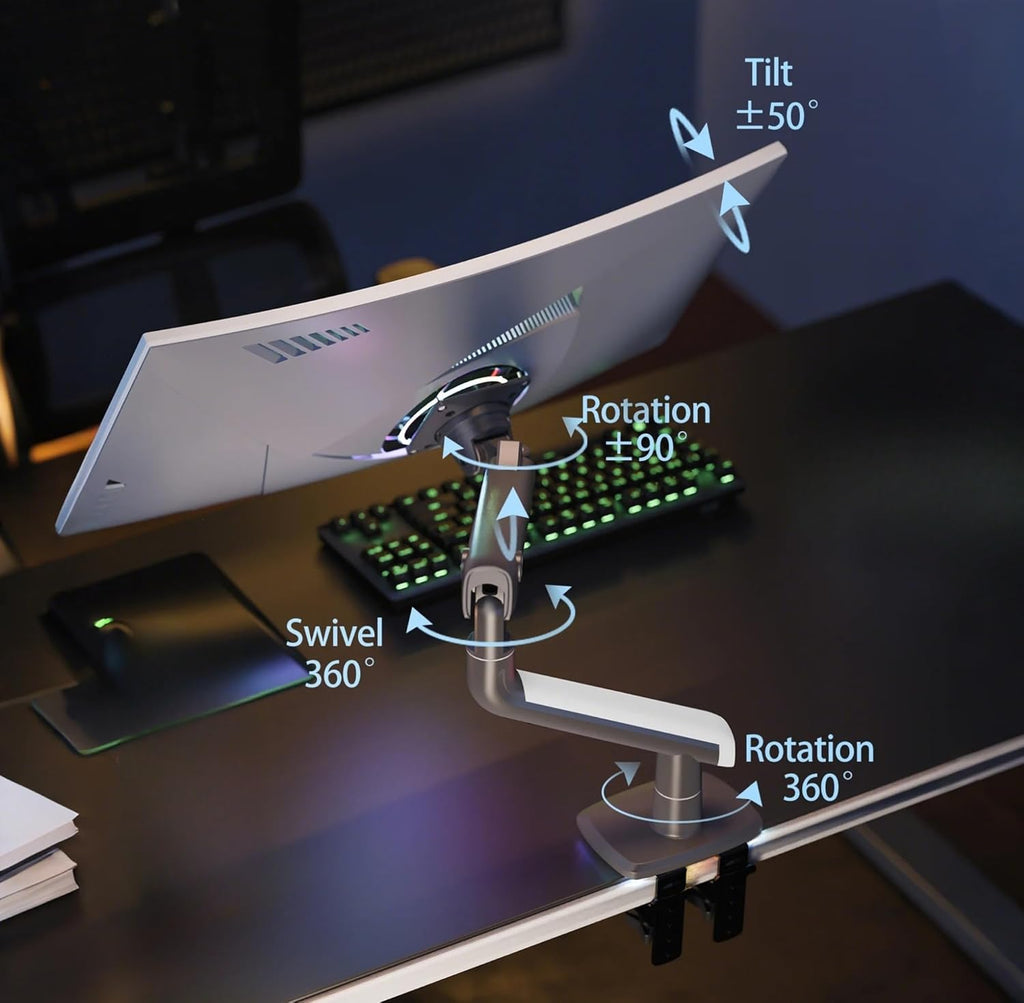 Gaming Monitor-Arm for Flat/Ultrawide/Curved Monitors 27'' to 50 inch, Heavy Duty Mount Load up to 18 kg, VESA 75/100 mm Monitor-Mount A5