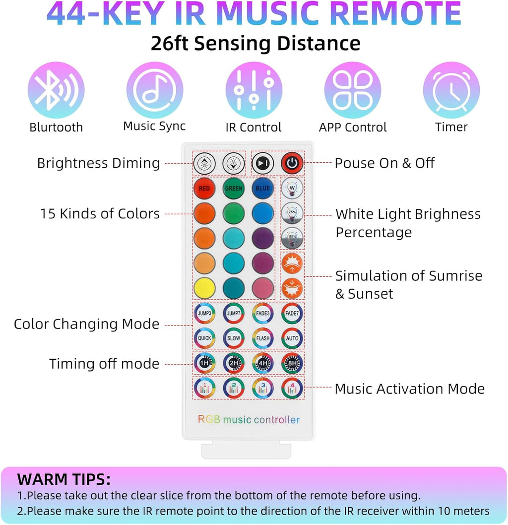 RGBZONE Bluetooth RGB LED Controller, 4-PIN Smart Music LED Strip Lights Controller, 40-Keys IR Remote Control for 5V/12V/24V SMD 5050 3528 RGB LED Strip Lights