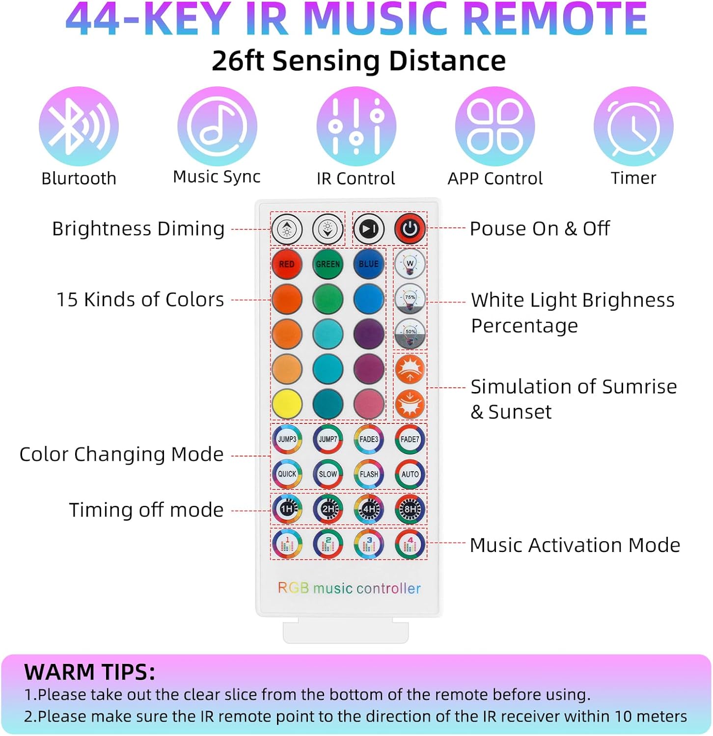 RGBZONE Bluetooth RGB LED Controller, 4-PIN Smart Music LED Strip Lights Controller, 40-Keys IR Remote Control for 5V/12V/24V SMD 5050 3528 RGB LED Strip Lights