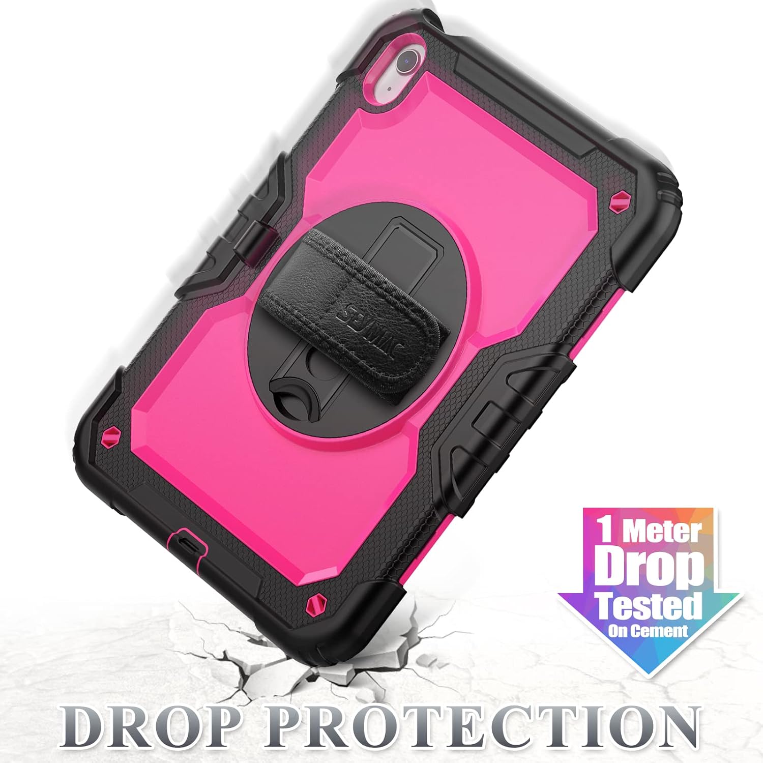 SEYMAC stock Case for iPad (A16) 11th/10th Generation 11''/10.9'' 2025/2022, Full-Body Drop Protection Case with Screen Protector &360° Rotate Hand Strap/Stand, Pink+Black