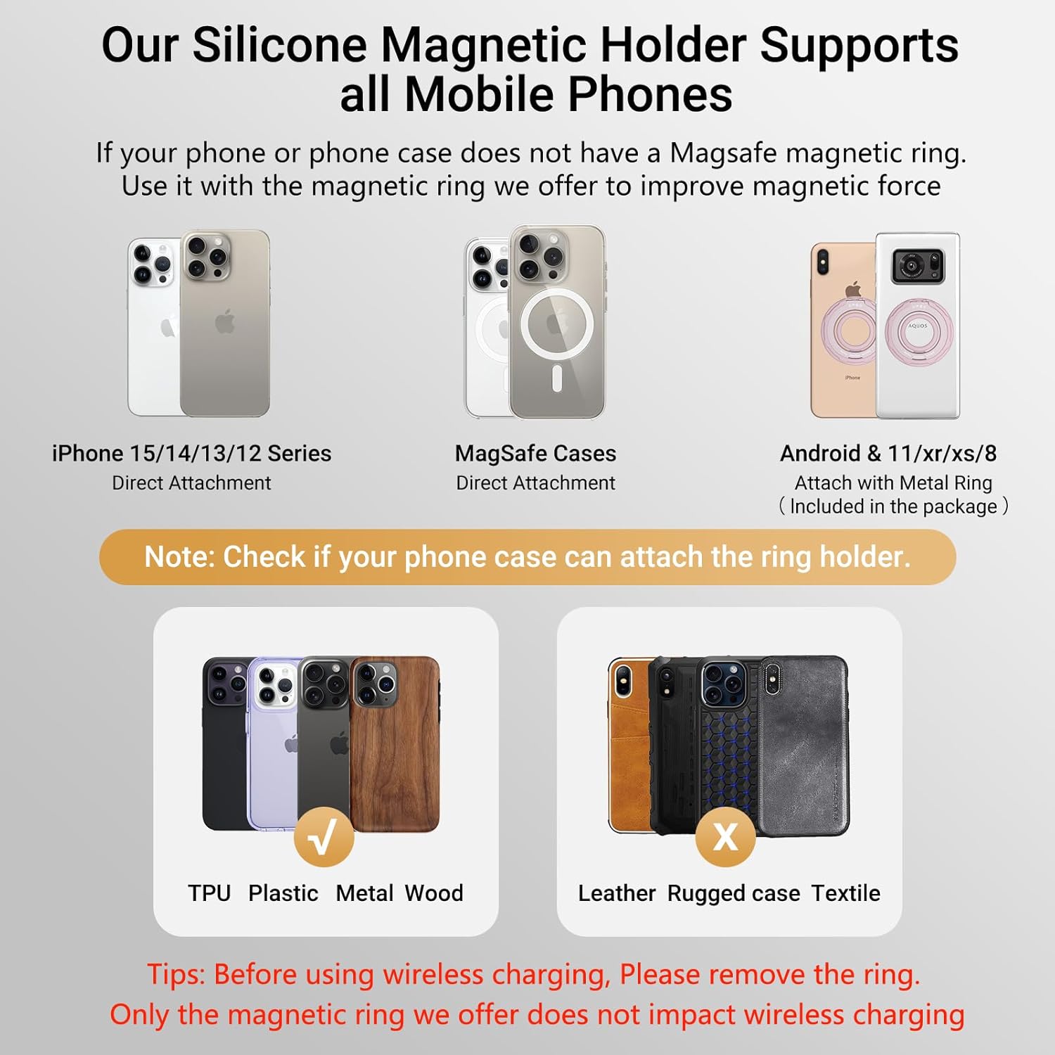 OPSO Magnetic Phone Ring Holder for MagSafe, 360 Degree Rotation Silicone Finger Ring Grip Stand Holder, Adjustable Kickstand, Compatible with iPhone 16 15 14 13 12/Pro/Max, Samsung and All Smartphone