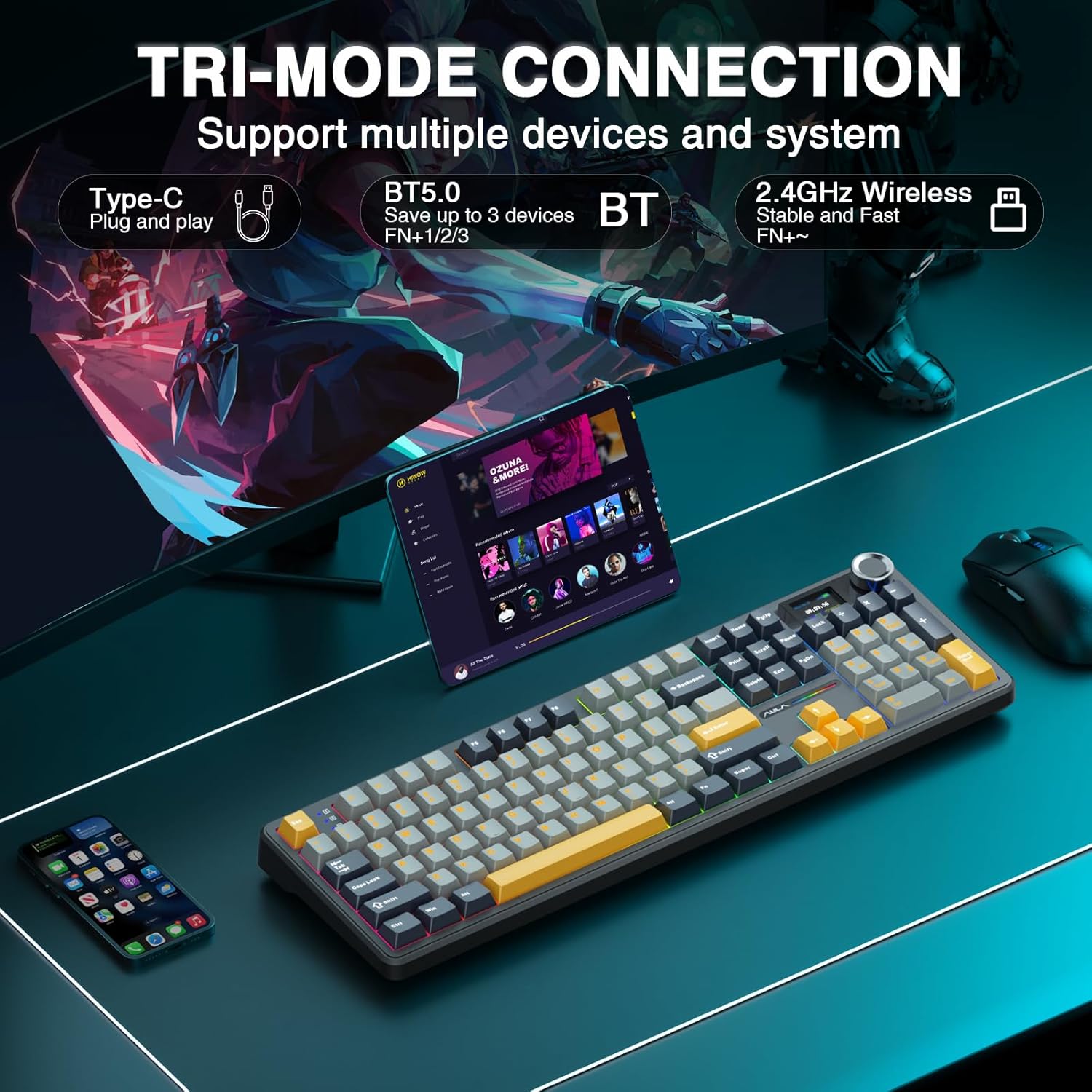 AULA F108 PRO - Wireless Mechanical Keyboard with Screen&Knob,Hot Swappable Gaming Keyboard with 8000mAh Battery,Pre-lubed Switches,RGB Backlit,PBT Keycaps Creamy Sounding Computer Keyboards,104 Keys