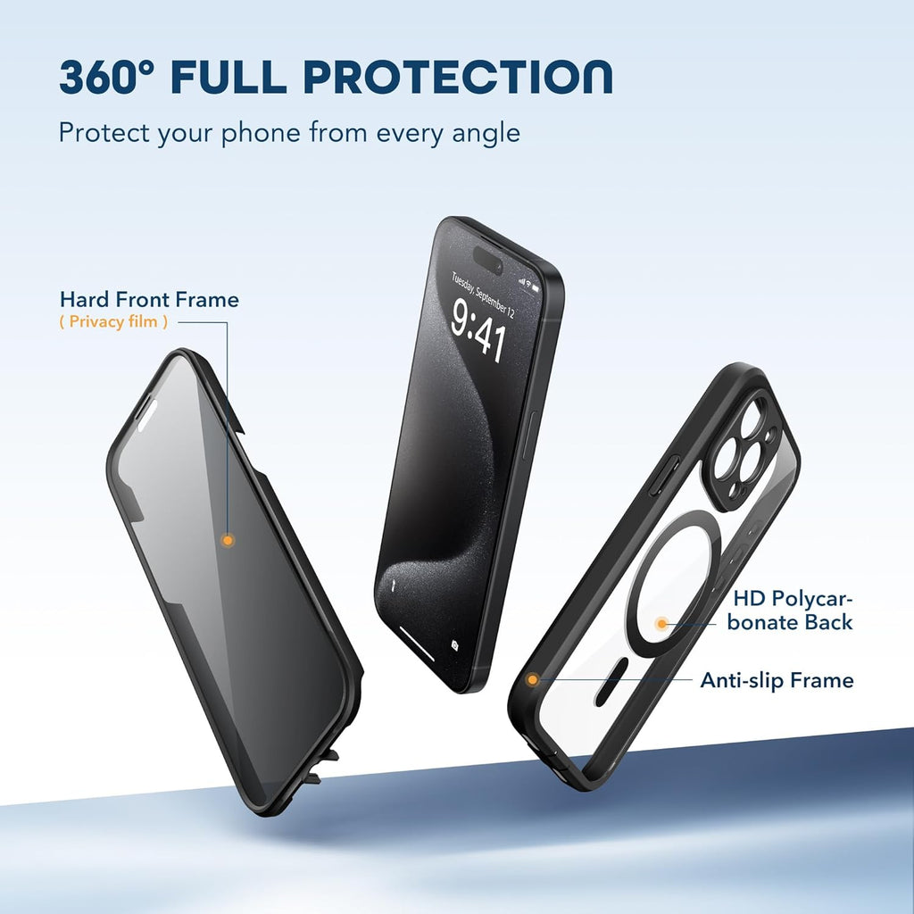 Magnetic for iPhone 15 Pro Case, Compatible with MagSafe, Built-in Privacy Screen Protector and Camera Protection, Anti Spy Full Body Dustproof Shockproof Hard Phone Case 6.1", Black