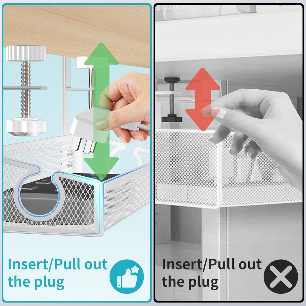 Under Desk Cable Tray White, No Drill Cable Organizer with Clamp for Wire Management, PC Cord Organizer & Workspace Accessories for Office, Home