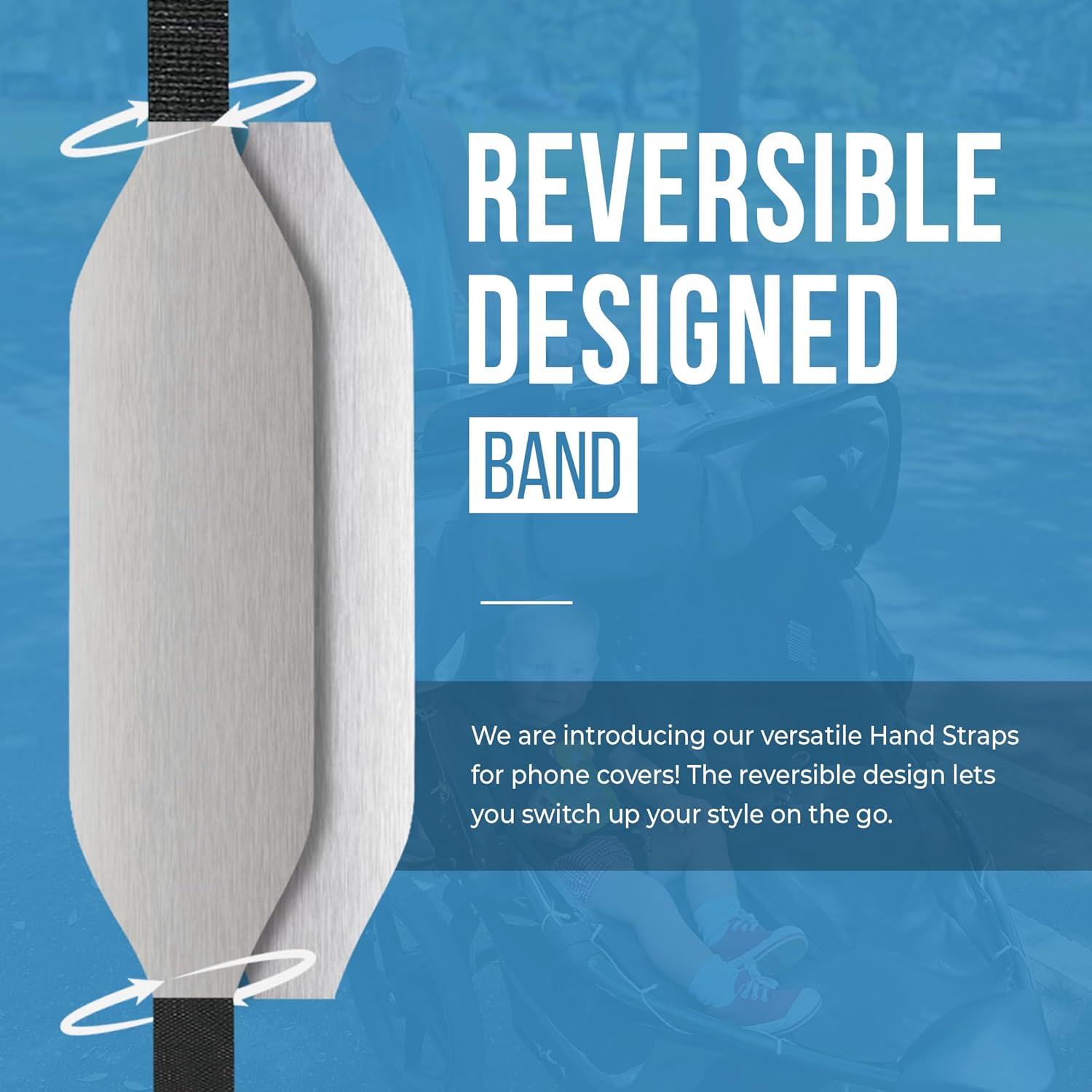 Phone Grip Strap - Reversible Finger Holder for Phone Back, Customizable Anti-Slip Design, Wireless Charging Compatible Detachable Holder for iPhone - Metallic Silver