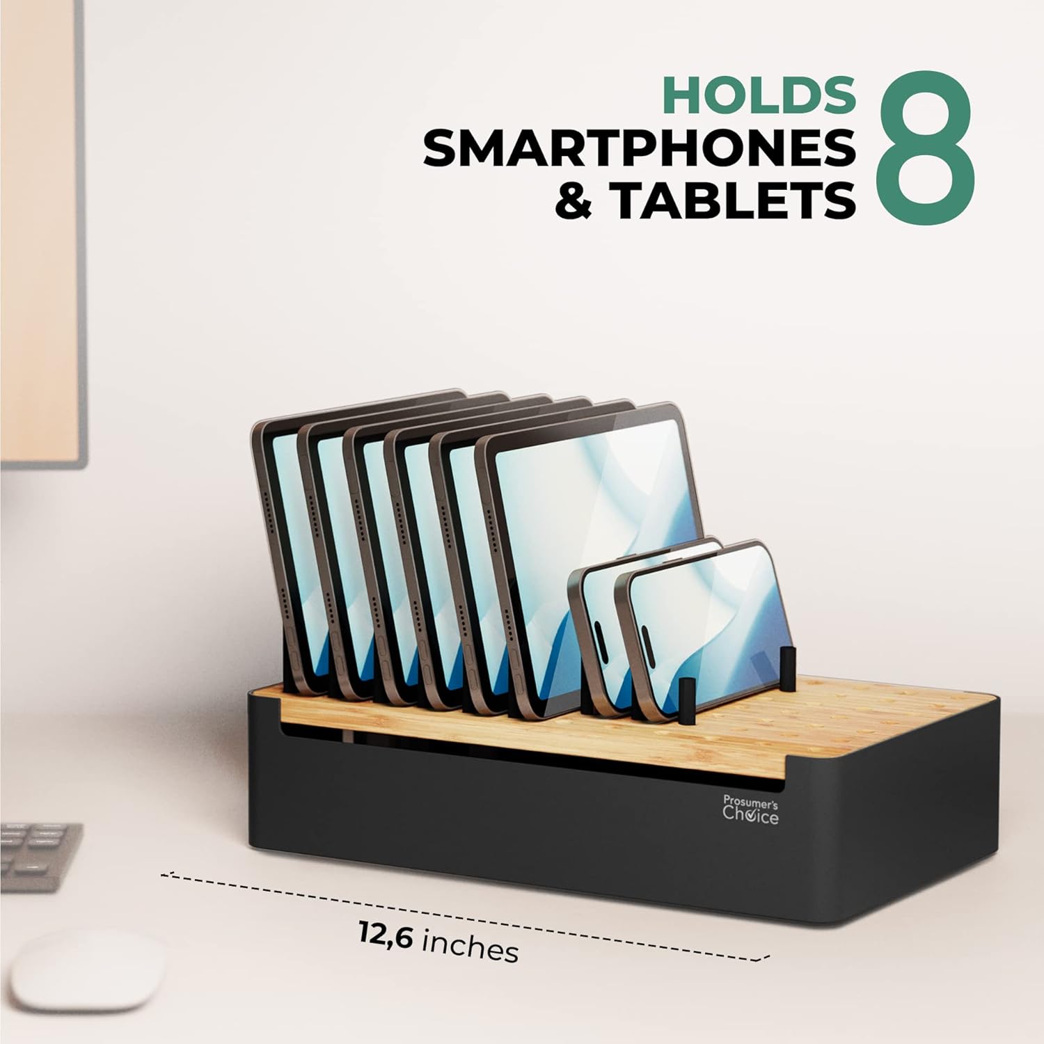 Prosumer's Choice Black Wooden Charging Station Organizer for Multiple Devices - Cable Management Box with 5 Slots and Removable Dividers - Charger Organizer for Phone, Tablet, Home, Office, 12"x6"x7"