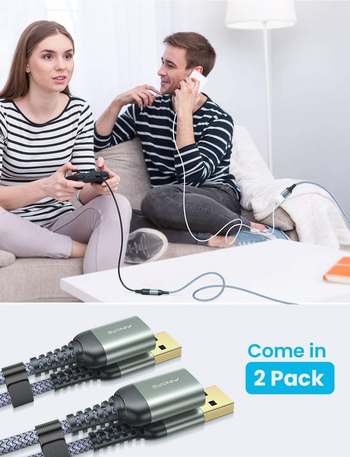 AINOPE 2 Pack USB Extensions Cable High Speed USB 3.0 Extension Cord Type A Male to Female Sturdy Braided Material Fast Data Transfer Compatible with USB Keyboard,Mouse,Flash Drive,Grey,10FT+10FT