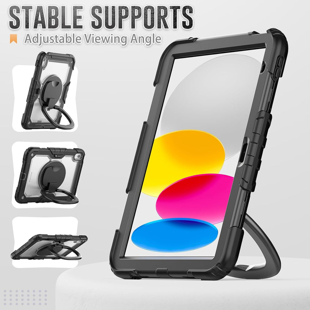 SCSVPN Case for iPad A16 11th Generation 11 Inch 2025/ iPad 10th Generation Case 10.9 Inch 2022, Shockproof Rugged Kids Transparent Cover w/Pencil Holder, Rotating Stand/Handle, Shoulder Strap, Clear
