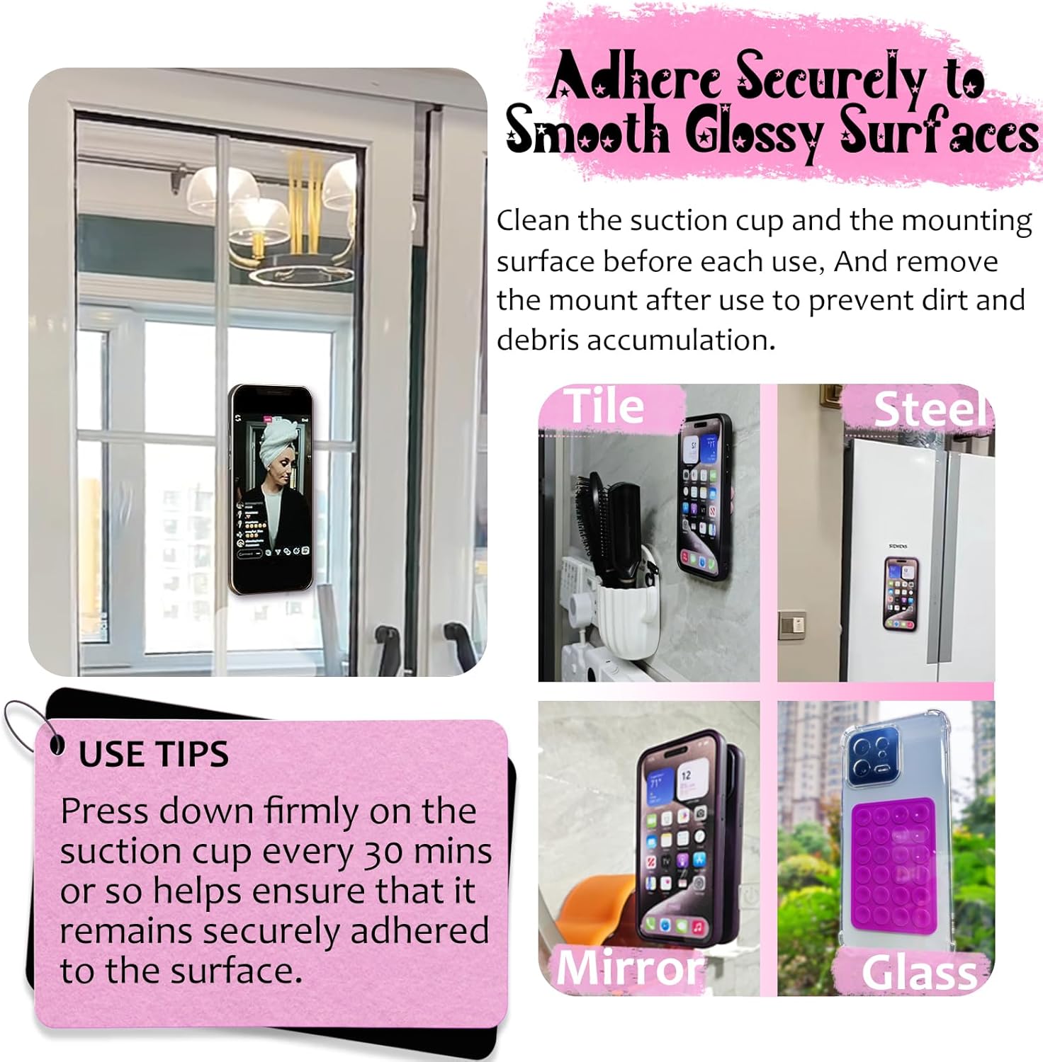 Silicone Suction Phone Case Mount, Silicon Adhesive Phone Accessory for Smartphones, Hands-Free Mirror Shower Phone Holder for Selfies, Tiktok Videos (Pink)