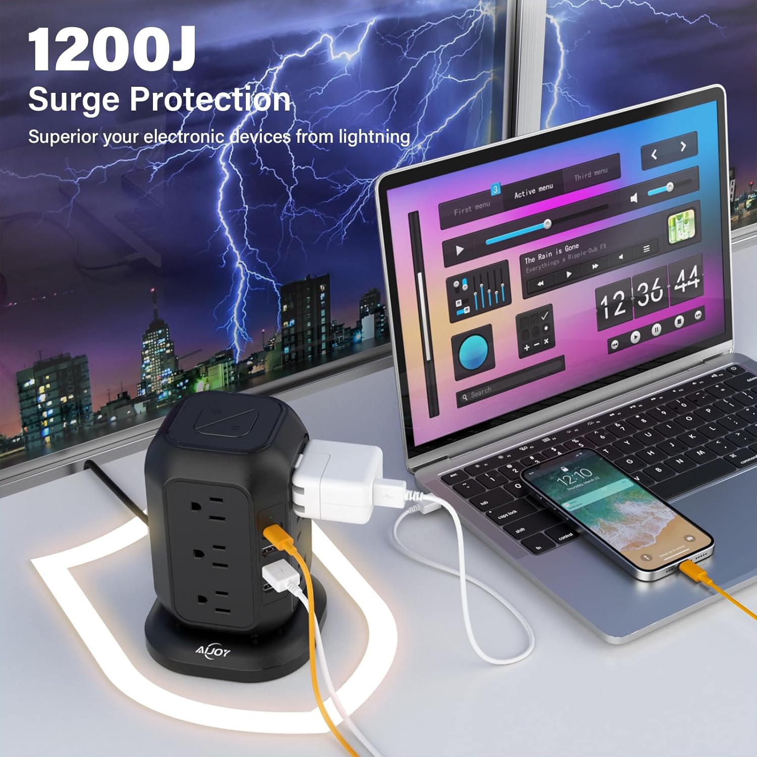 AiJoy Power Strip Tower Surge Protector with 12 AC Outlets, 3 USB-A & 1 USB-C Ports, 10 FT Extension Cord, Charging Station with Overload Protection, for Home Office Dorm Living Room