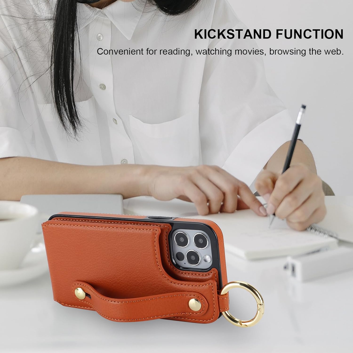 Folosu for iPhone 12/12 Pro Wallet Case with Card Holder, Hand Wrist Strap Loop Holder Kickstand, RFID Blocking Finger Grip Ring PU Leather Double Buttons Shockproof Cover 6.1" Brown