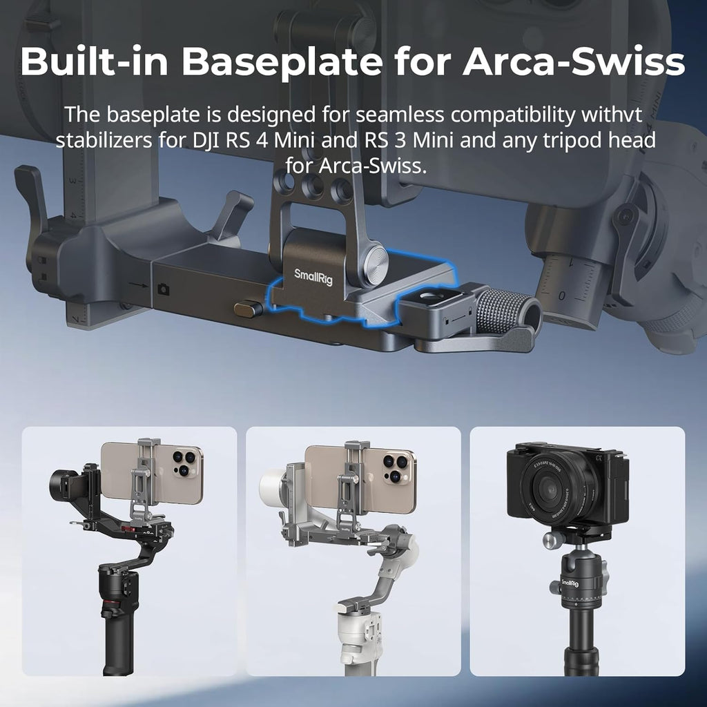 SMALLRIG Metal Phone Mount with Baseplate for Arca-Swiss,Compatible for DJI RS 4 Mini & RS 3 Mini, Phone Mount Adapter Support Free Adjustment Joints, Phone Tripod Mount for iPhone 17/16/15-5338
