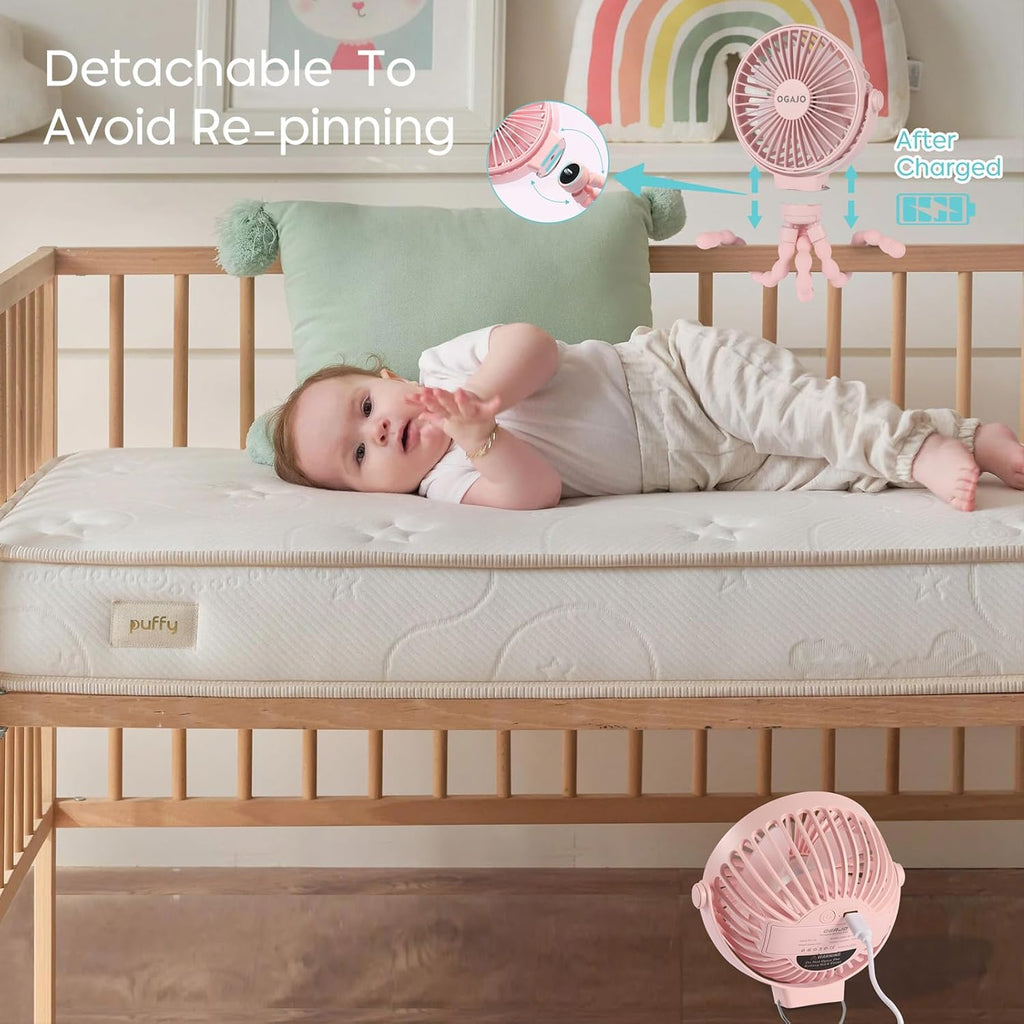 Portable Stroller Fan Personal rechargeable USB Fans With 5200mAh 3 Speeds Battery Small Baby Car Seat Mini Handheld Clip On Fan for Pram Crib Bike Treadmill Outdoor Camping Travel and Student Desk