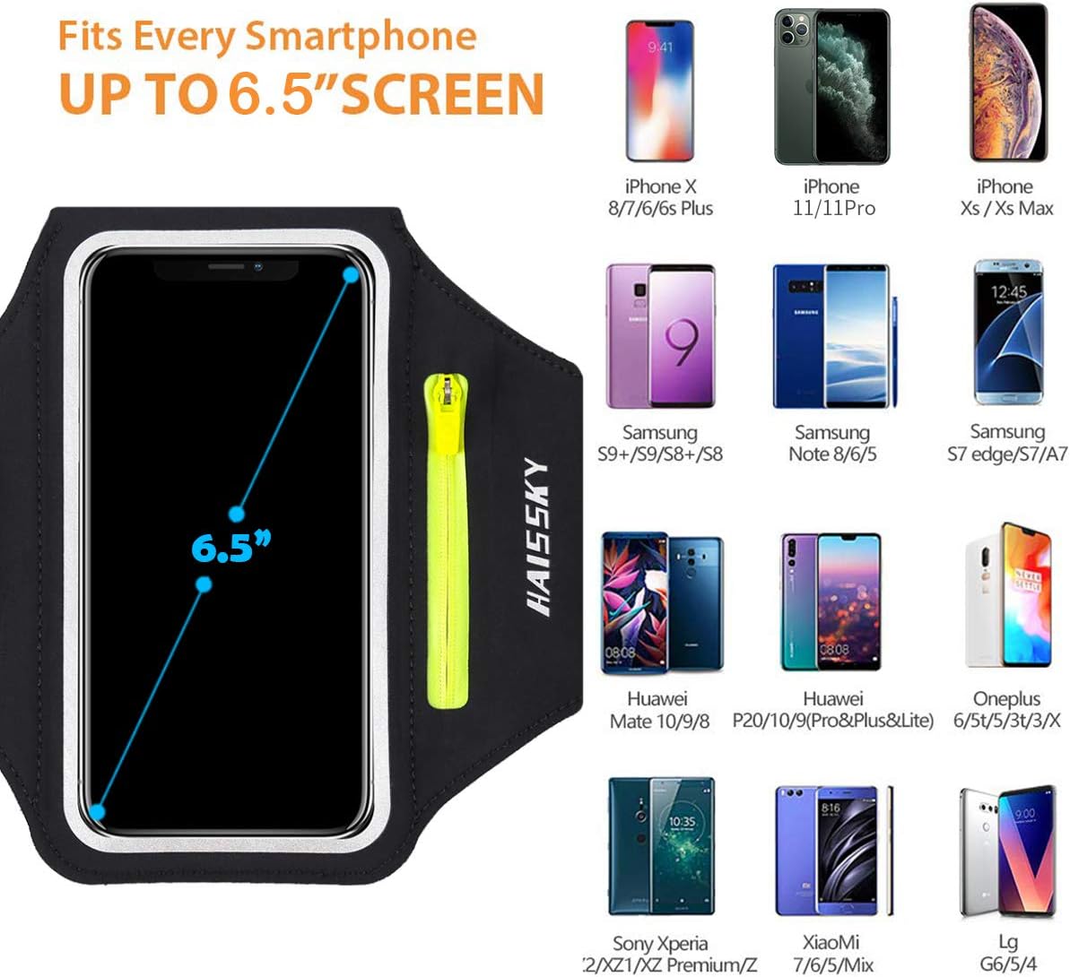 Running Armband with Earphone Bag Cell Phone Armband for iPhone 16 15 Pro 14 Plus 13 11 XR XS, Galaxy S24/S10 Water Resistant Sports Phone Holder Case & Zipper Slot Car Key Holder for 6.7 inch Phone
