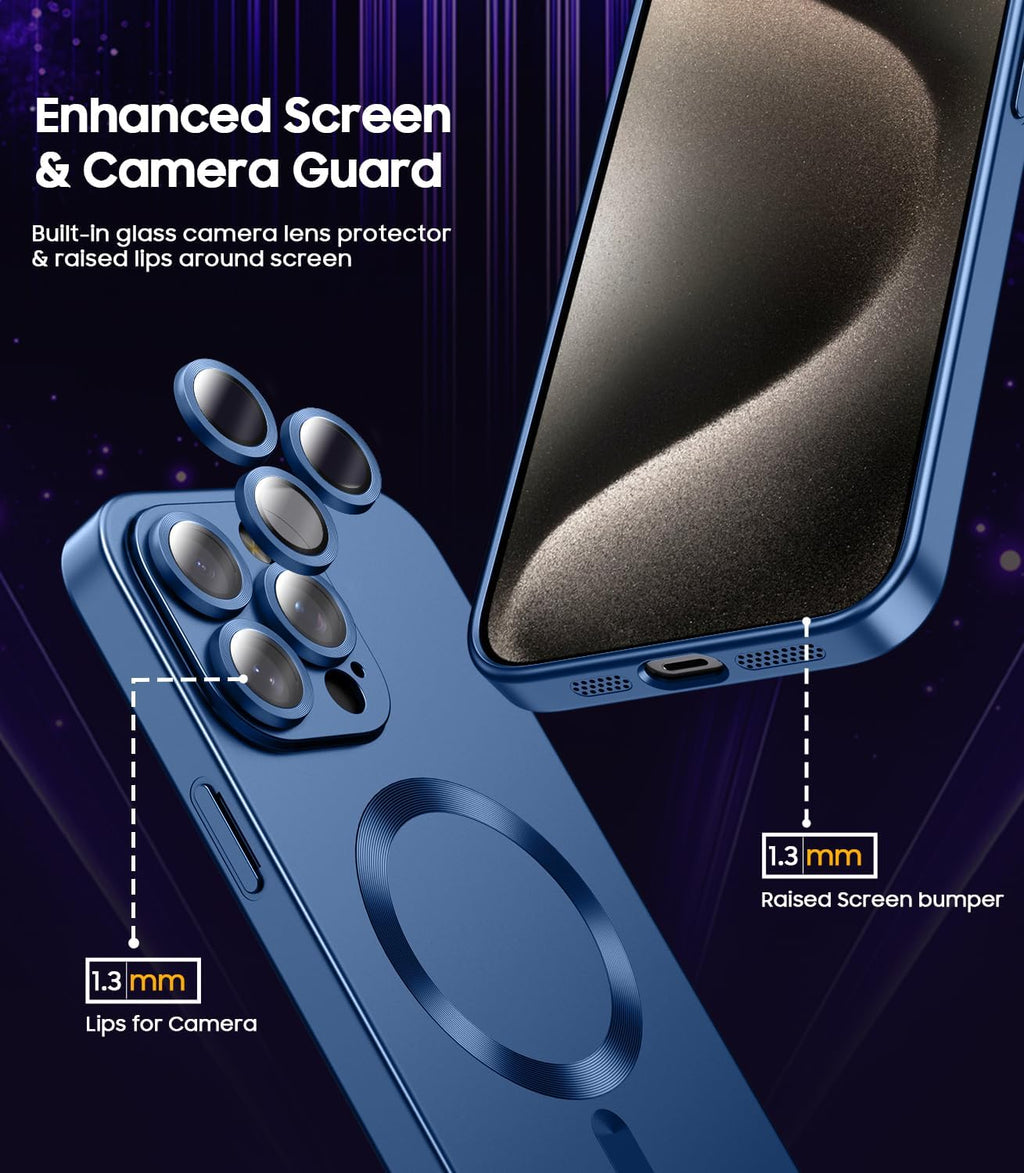 Magnetic for iPhone 15 Pro Max Case [Compatible with MagSafe][Built-in Camera Lens Protector] Slim Soft Silicone Bumper Shockproof Metallic Luster Phone Case (Blue)