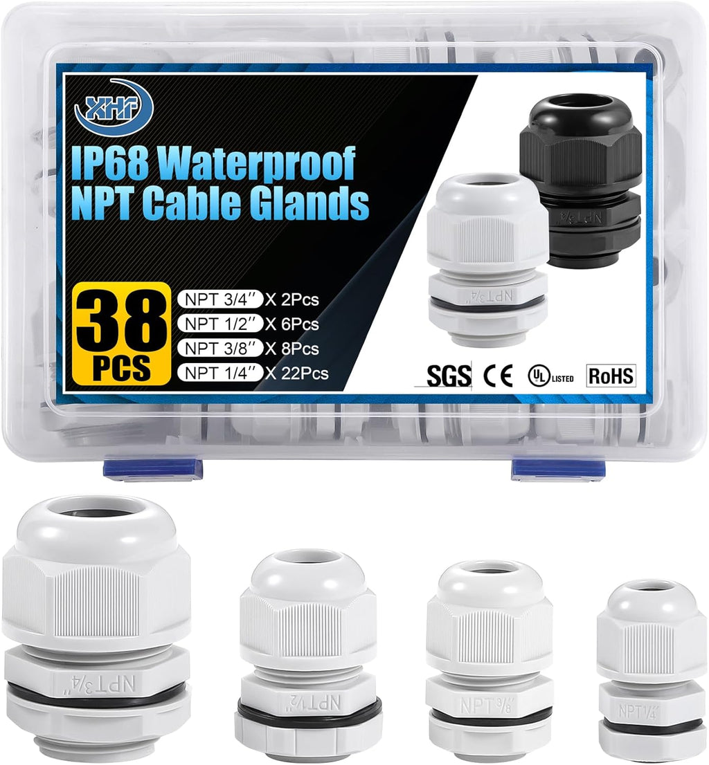 XHF IP68 Nylon Waterproof NPT Cable Glands Kit 38pcs 1/4", 3/8'', 1/2'', 3/4'' UL Listed and RoHS Cord Grip Compliant Cable Strain Relief Grey