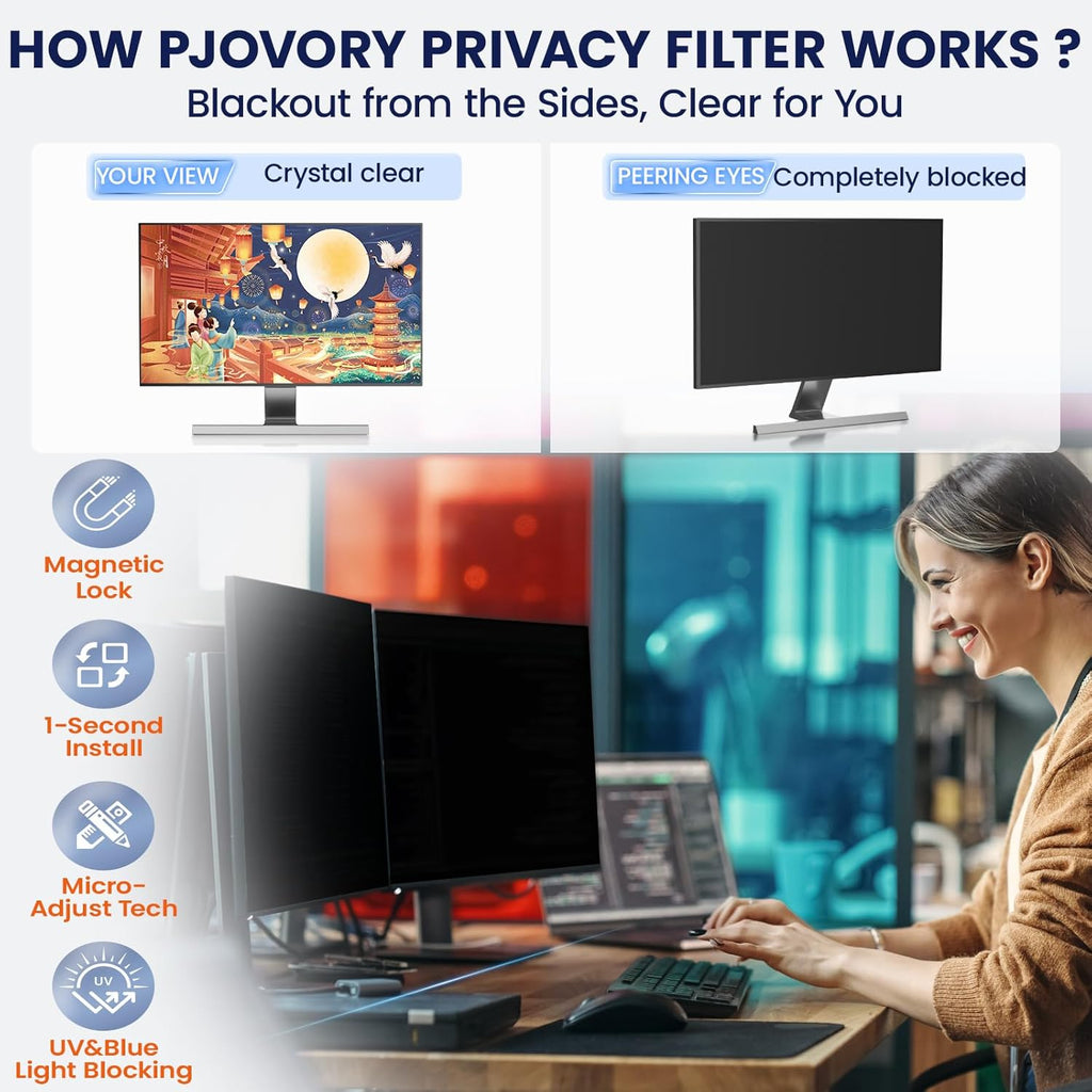 Magnetic Privacy Screen for Frameless Computer Monitor 27 Inch 16:9 Aspect Ratio,Hanging Blue Light Screen Protector Eye Protection Anti-Spy Shield, 27in Removable Privacy Filter