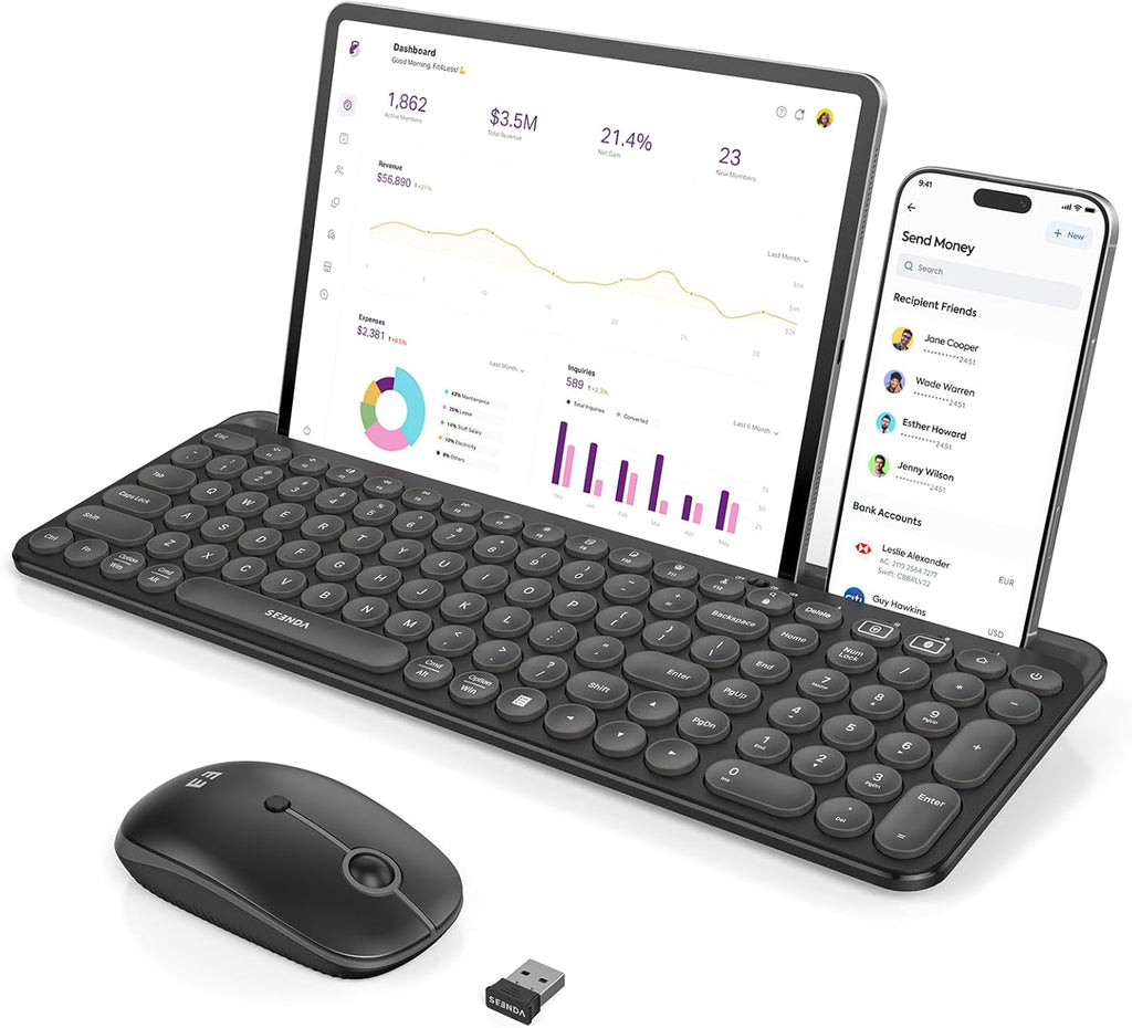seenda Bluetooth Keyboard and Mouse for iPad, Multi-Device Bluetooth + 2.4G Wireless Keyboard Mouse with Tablet Holder for MacBook/Windows Computer, iOS/Andriod Tablet Phone, Black