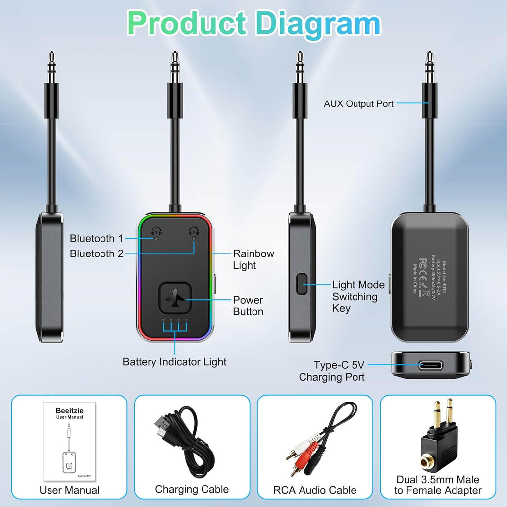 2025 Beeitzie Ultra Airplane Bluetooth 5.4 Transmitter for All Headphones, aptX LL, Supports 2 Headphones/AirPods, Wireless Audio Adapter for in-Flight, TV, Gym, Tablets，Metal Frame