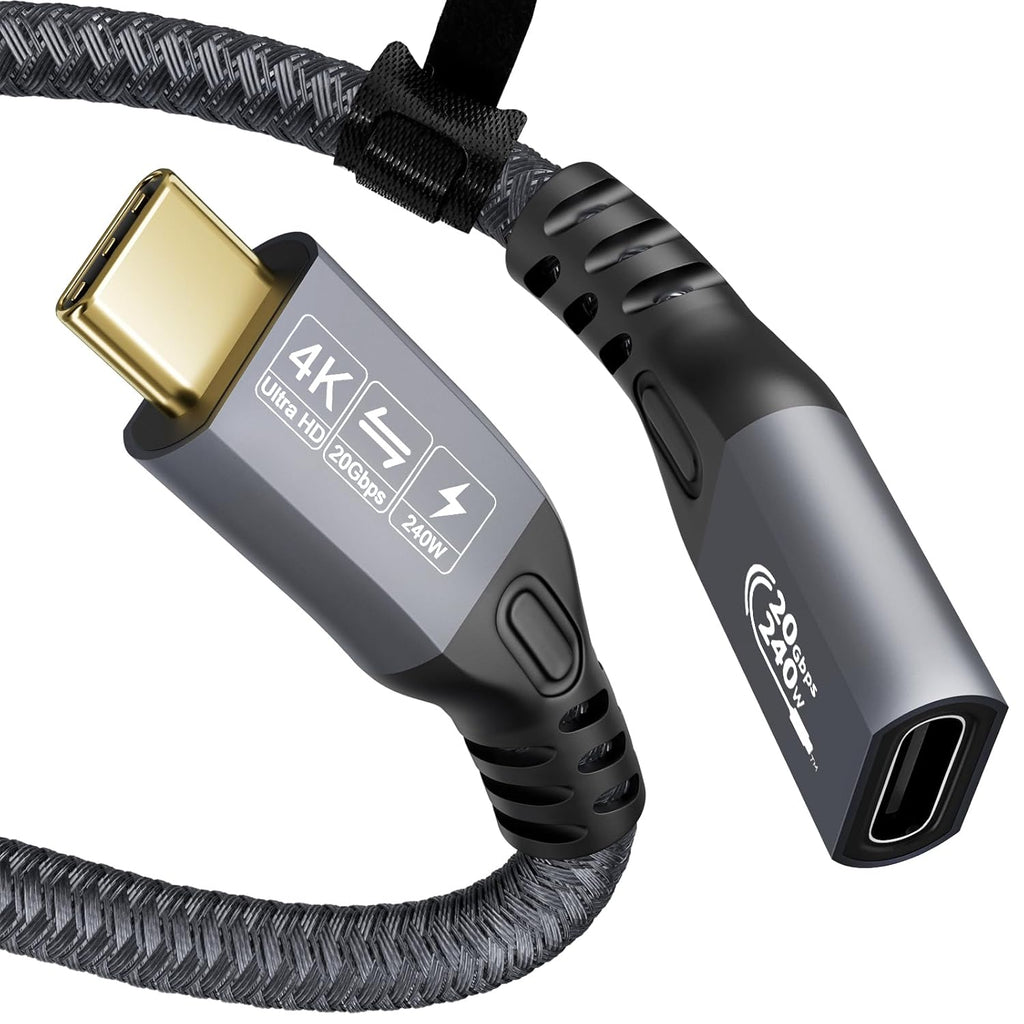 Type C Cable 6.6ft 2m, 240W 48V/5A USBC to USB C 3.2 Gen2×2 Extension Cable, 20Gps Male Female Extender Cable, 4K@60Hz Dual C Video Cord for MacBook Pro, Dell, Arzopa, Galaxy, Portable Monitor
