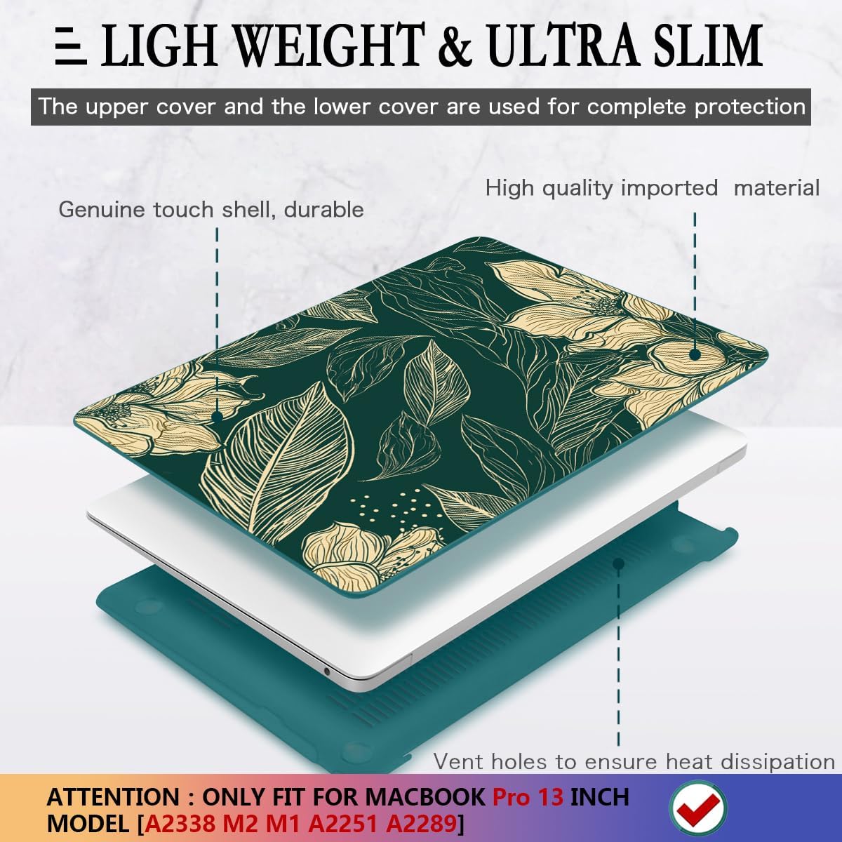 CISSOOK Compatible with MacBook Pro 13 inch Case 2025-2016 Release M2 M1 A2338 A2251 A2289 A2159 A1989 A1706, Plastic Hard Shell Case & Keyboard Cover & Screen Protector, Elegant Floral
