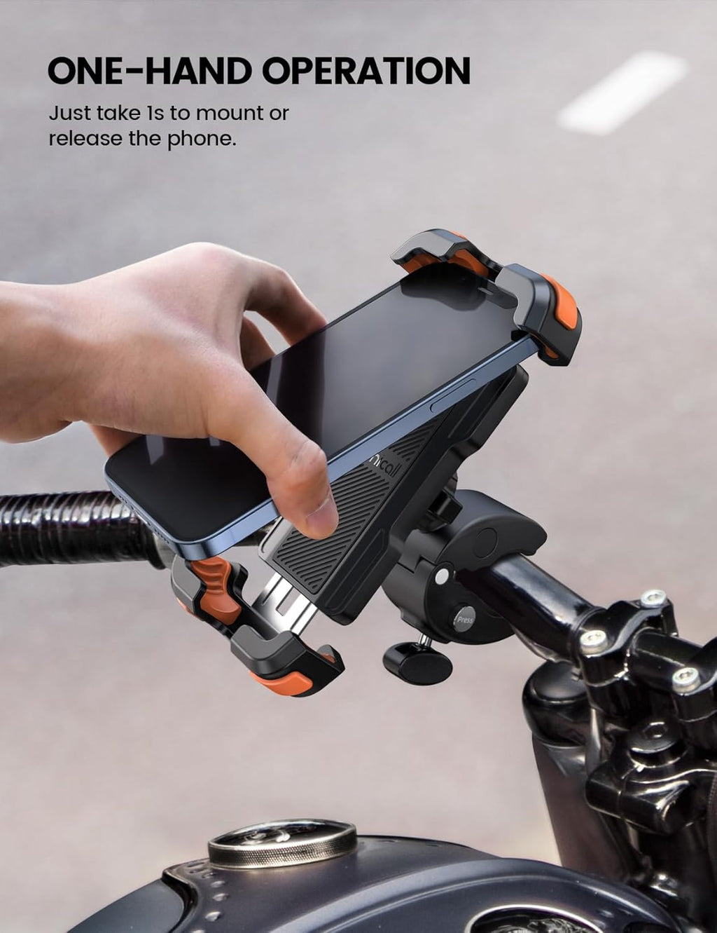 Lamicall Motorcycle Phone Mount, Bike Phone Holder - Upgrade Quick Install Handlebar Clip for Bicycle Scooter, Cell Phone Clamp for iPhone 15 14 13 Pro Max, Galaxy S23 and More 4.7-6.8" Phone, Orange