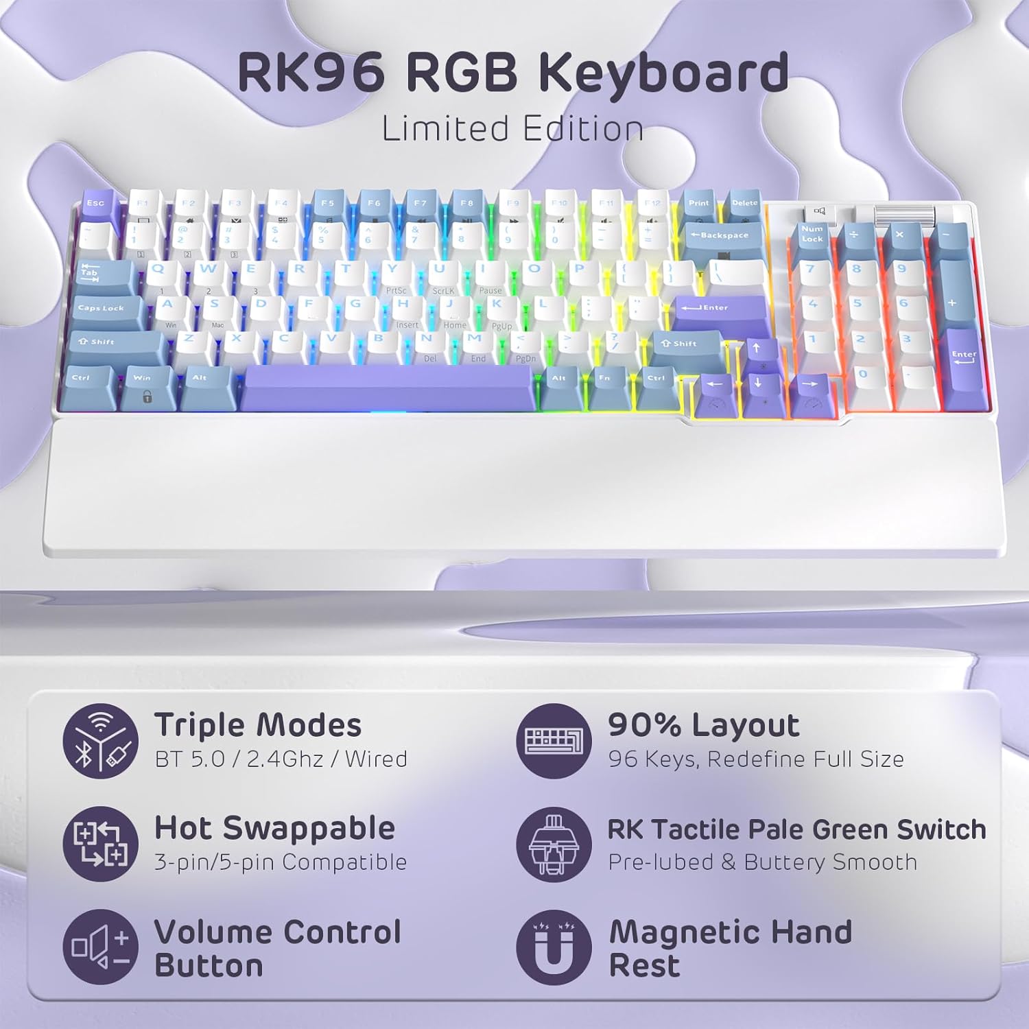 RK ROYAL KLUDGE RK96 RGB Limited Ed, 90% 96 Keys Wireless 3-Mode BT5.0/2.4G/USB-C Hot Swappable Mechanical Keyboard w/Wrist Rest, Volume Control, Software, Massive Battery, RK Pale Green Switch