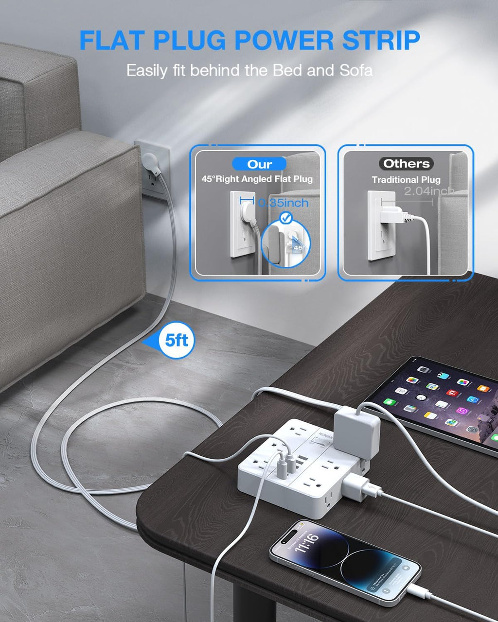 Flat Plug Surge Protector Power Strip, HUNIAN 12 Widely Spaced Outlets with 6 USB Charger (2 USB C Ports), 10 Ft Extension Cord Desk Charging Station for Home Office Supplies, Dorm Room, White