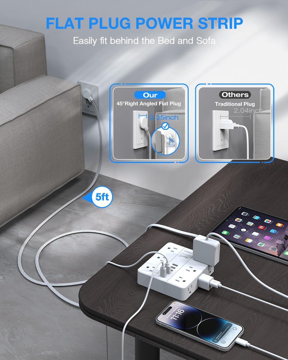 Flat Plug Power Strip Surge Protector, Flat Extension Cord Indoor 20 Feet， HUNIAN 12 Widely Spaced Outlets with 6 USB (2 USB C Ports), Desk Charging Station for Home Office Supplies, White