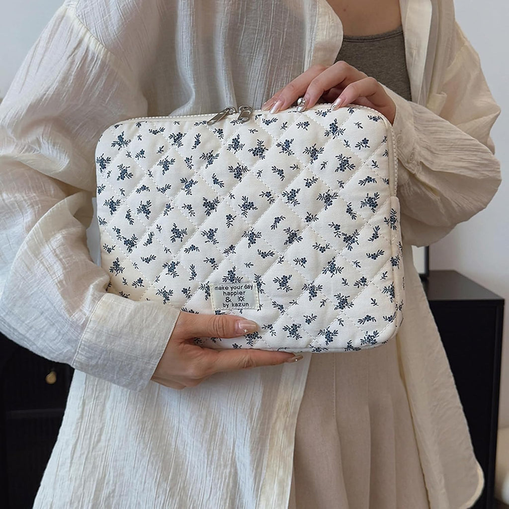 Puffy Laptop Sleeve 13-15.6 Inch Cute Quilted Laptop Protective Case Padded Floral Computer Sleeve for MacBook (A-Light Blue, 11 Inch)