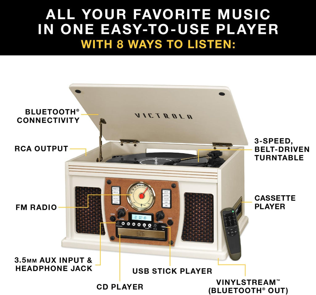 Victrola Navigator 8-in-1 Bluetooth Record Player with Built-in Speakers – 3 Speed Turntable, CD Player, Cassette, FM Radio, USB, RCA Out, Headphone Jack, Wireless Music Streaming, Real Wood (Oak)