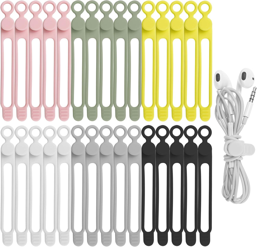 30Pcs Nearockle Silicone Cable Ties for Bundling Earphone, Phone Charger, Computer Cords, Reusable Cord Organizer Cable Management in Home,Office,Kitchen,School (6 Colors)