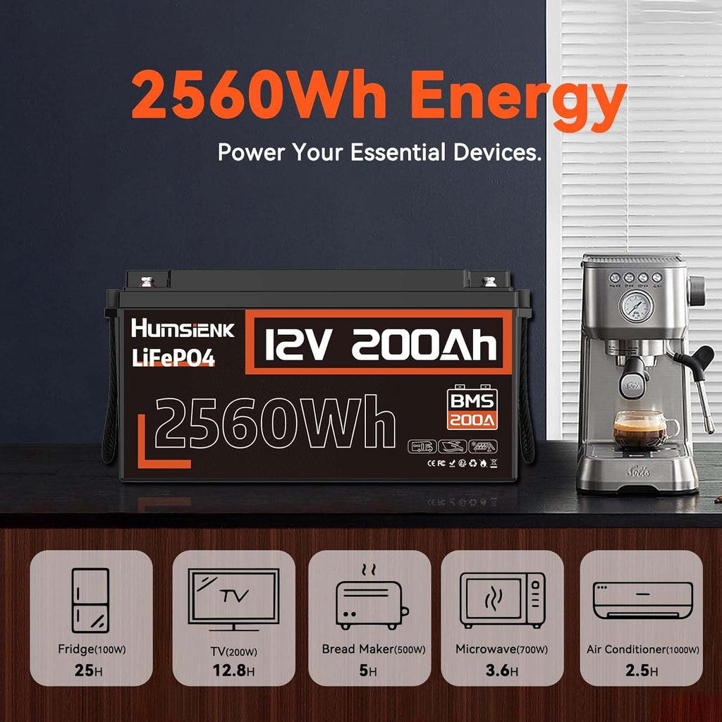 12V 200Ah LiFePO4 Lithium Battery, Built-in 200A BMS, Rechargeable Deep Cycles Batterys, 2560Wh Lithium Battery for Off-Grid and Home Solar System, Marine, Trailer, RV