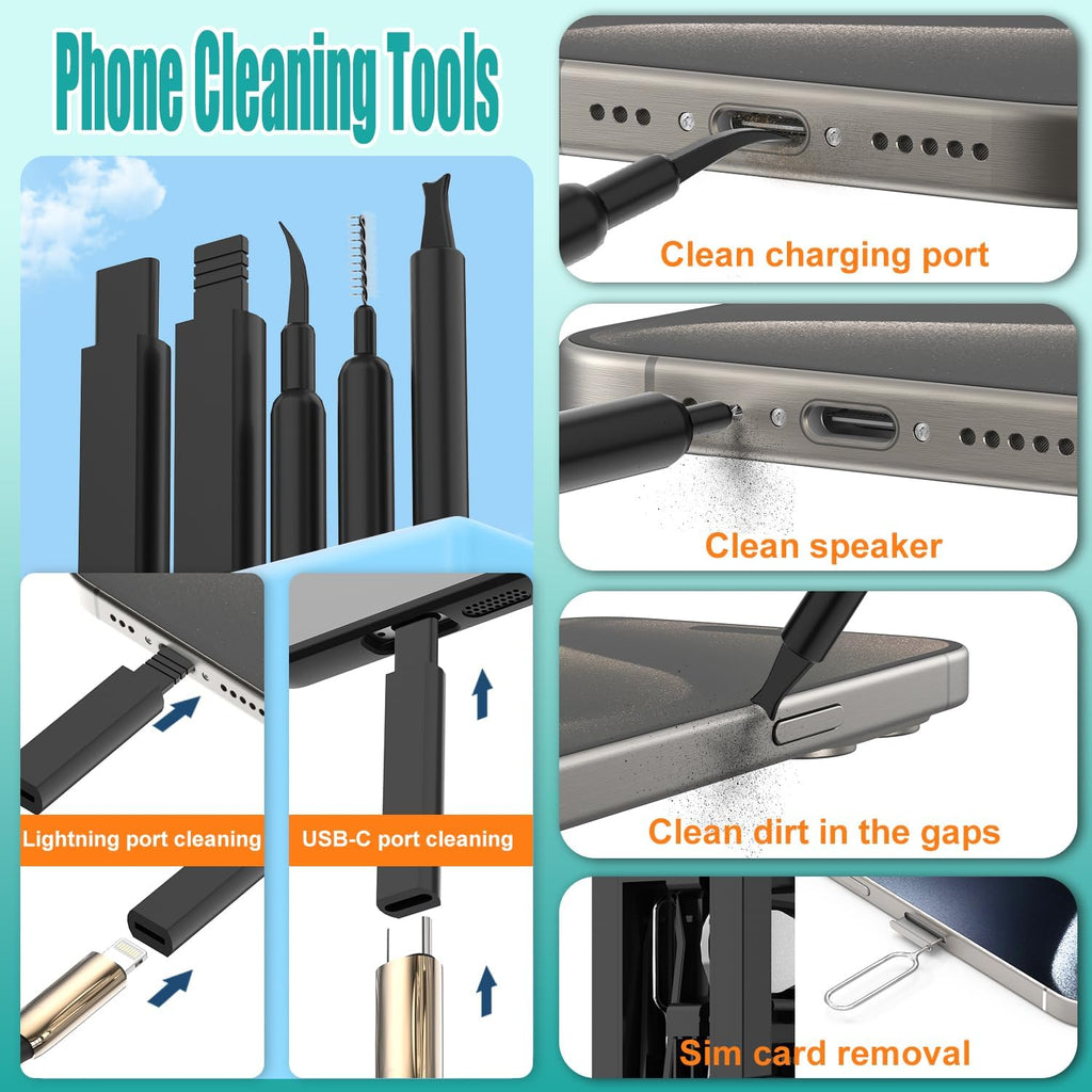 VICHYIE Keyboard Cleaning Kit with Brush, Computer Laptop Cleaner Kit, Phone Cleaning Tool, Multi-Function Cleaner Kit for Earbuds, Cellphones, PC, Screens, Camera Lens, Electronics Devices (Black)